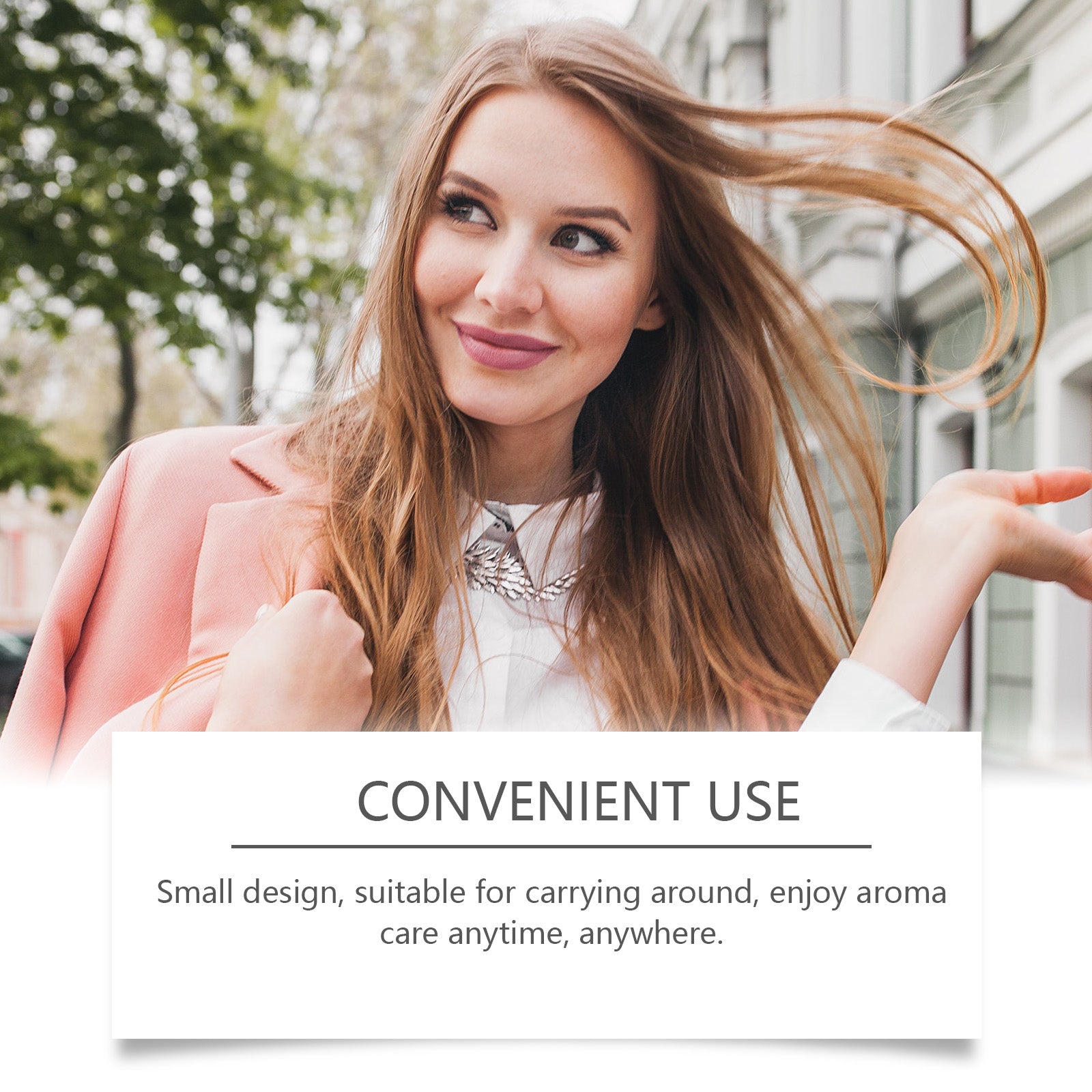 Woman's face with daisy flower accessory, split cards showing 'Soothing Body and Mind' and 'Skin Care' benefits with descriptive text