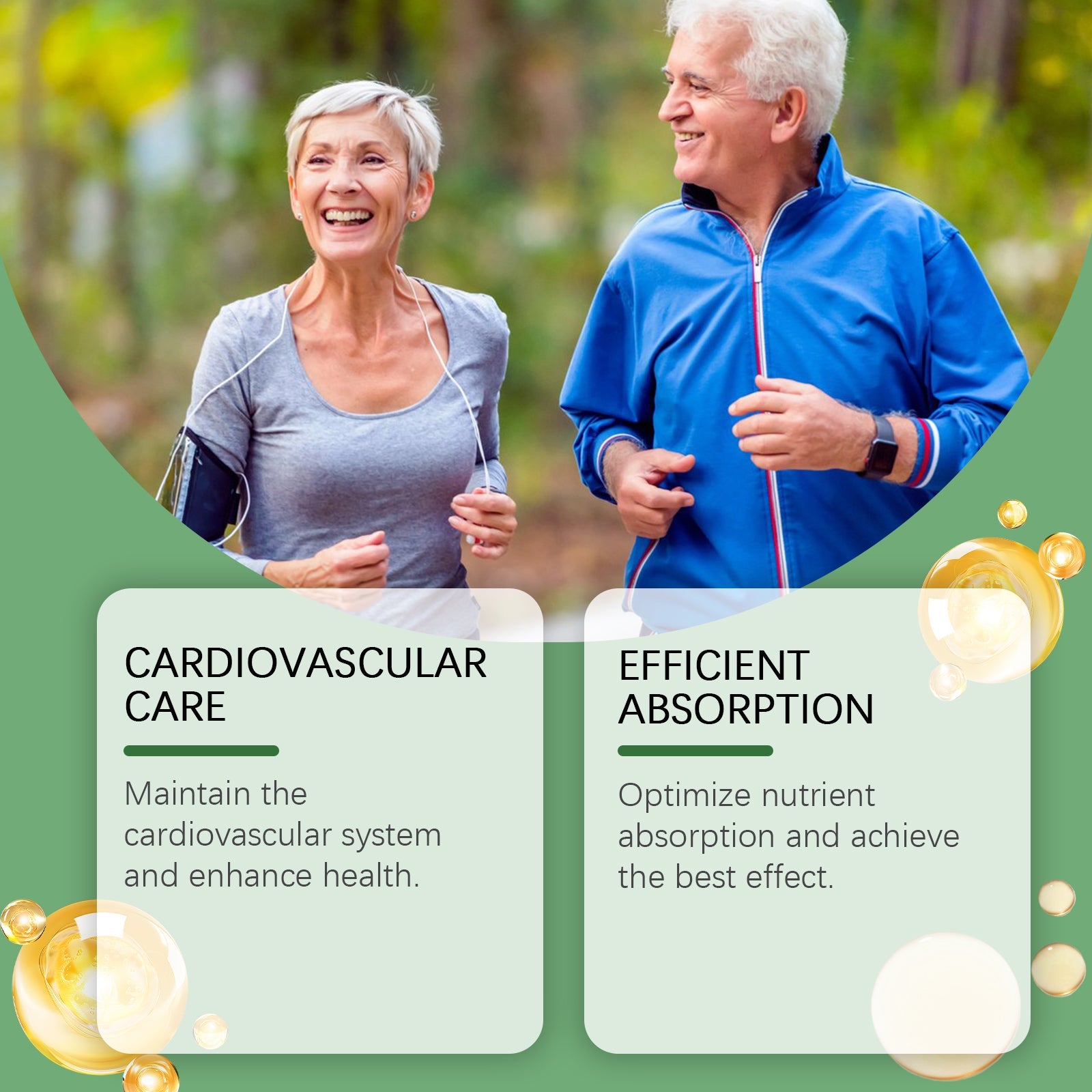 Senior couple jogging together outdoors with wellness benefit callouts: cardiovascular care and efficient absorption