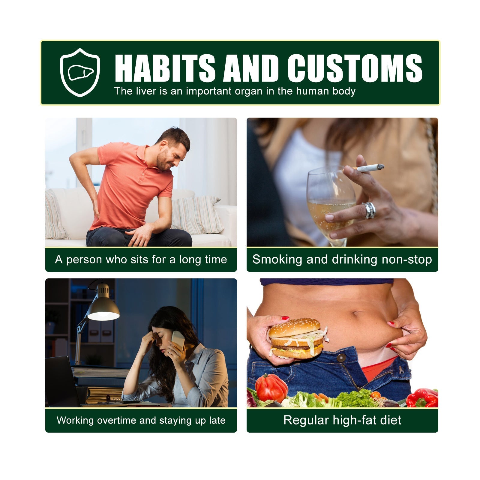 Grid showing four lifestyle habits that damage liver: prolonged sitting, smoking and drinking, working overtime and late nights, high-fat diet