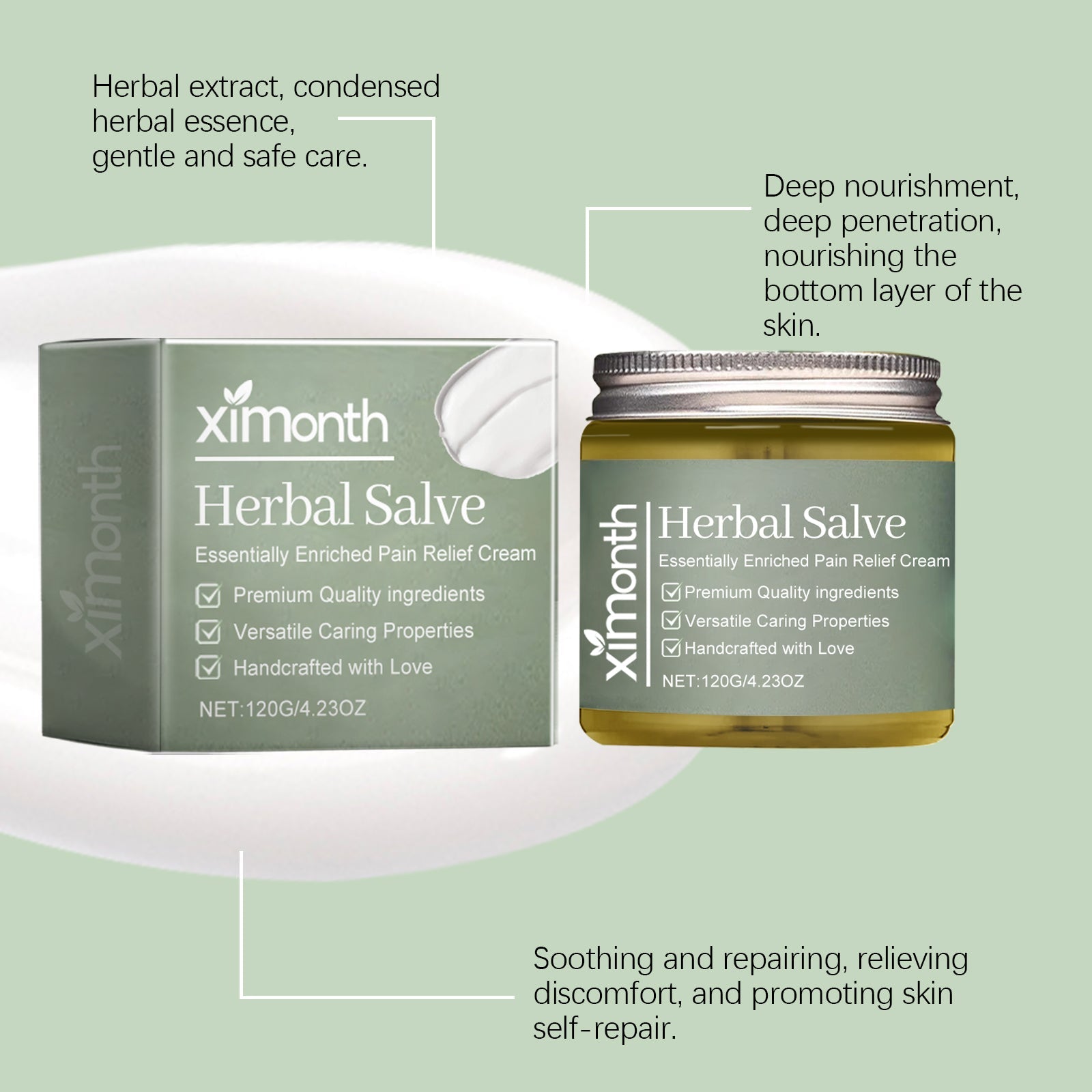 Ximonth Herbal Salve packaging showing rectangular box and glass jar side-by-side with product details and quality badges