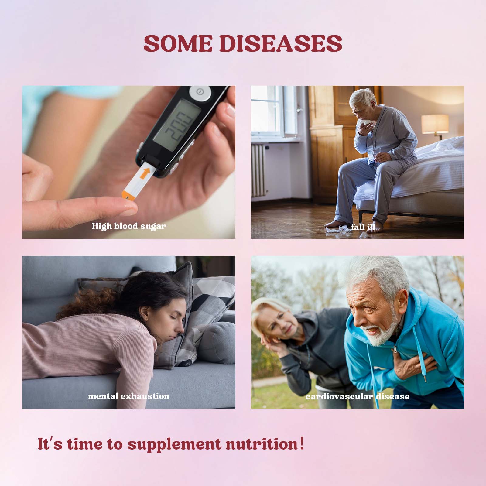 Grid showing health problems (high blood sugar, fatigue, mental exhaustion, cardiovascular disease) contrasted with wellness messaging