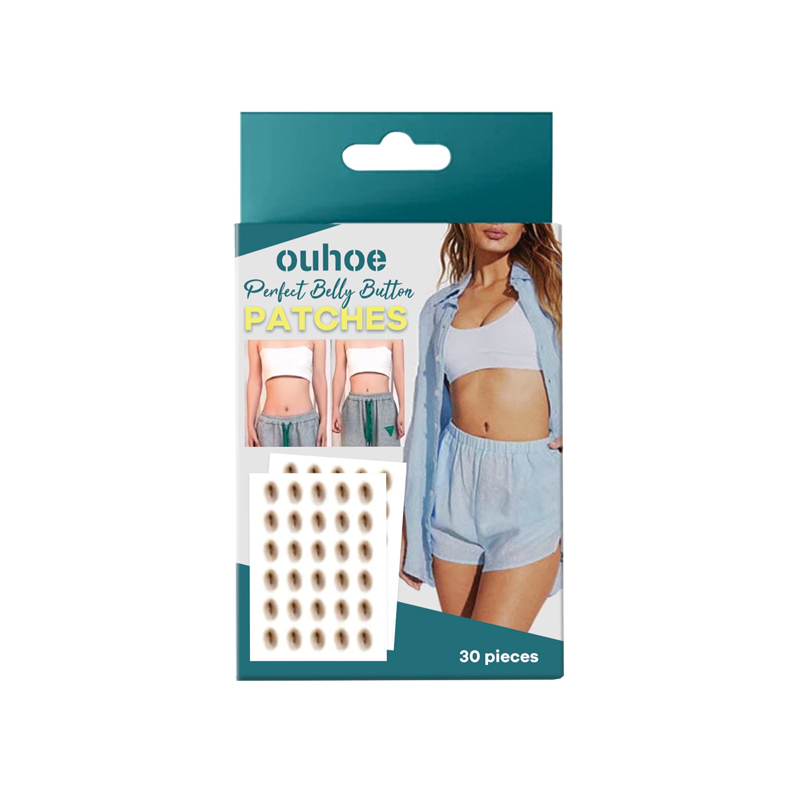 Ouhoe Perfect Belly Button Patches box with product name, 30-piece count, and lifestyle model wearing patch