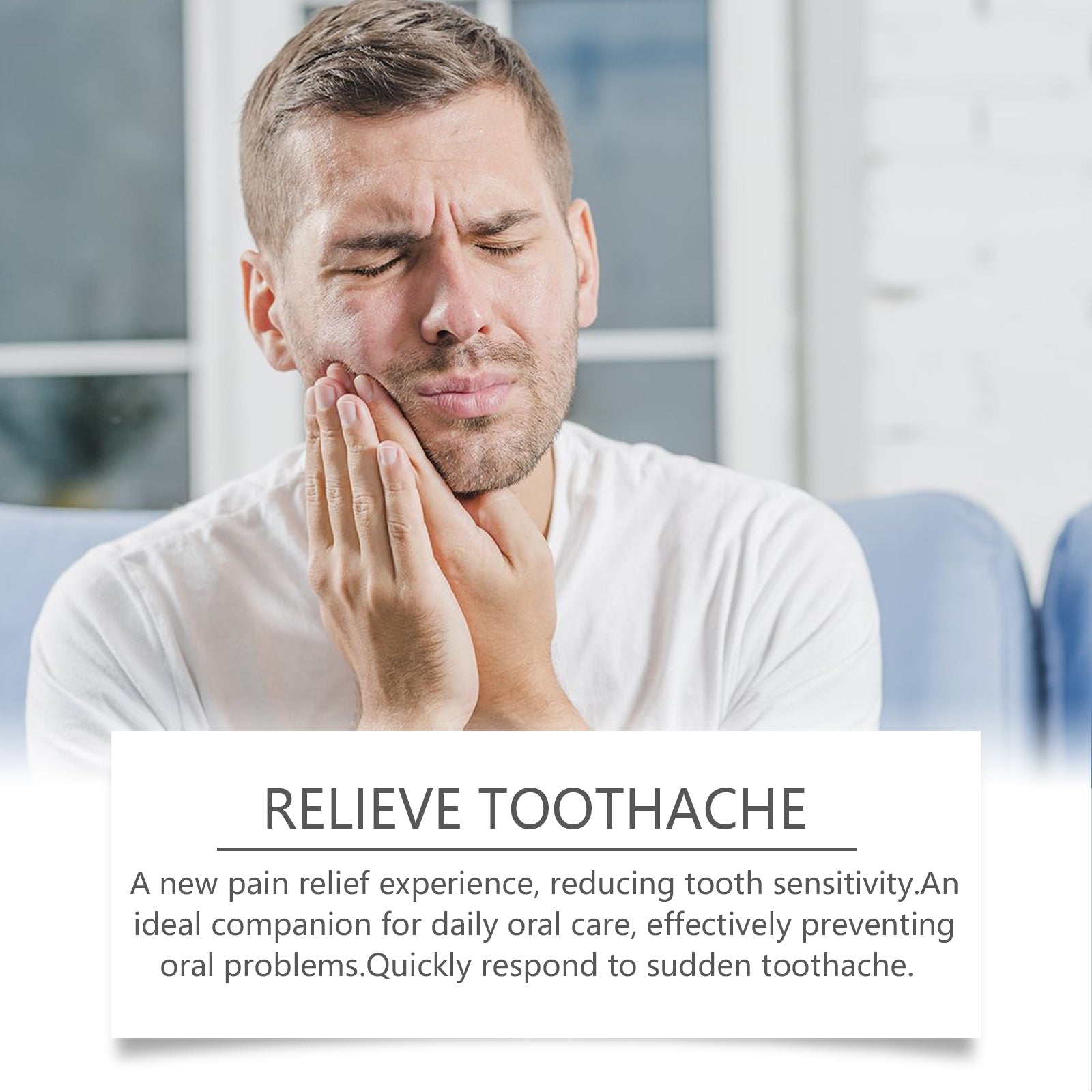 Woman experiencing tooth pain holding cheek to face with bottle and packaging displayed against red background