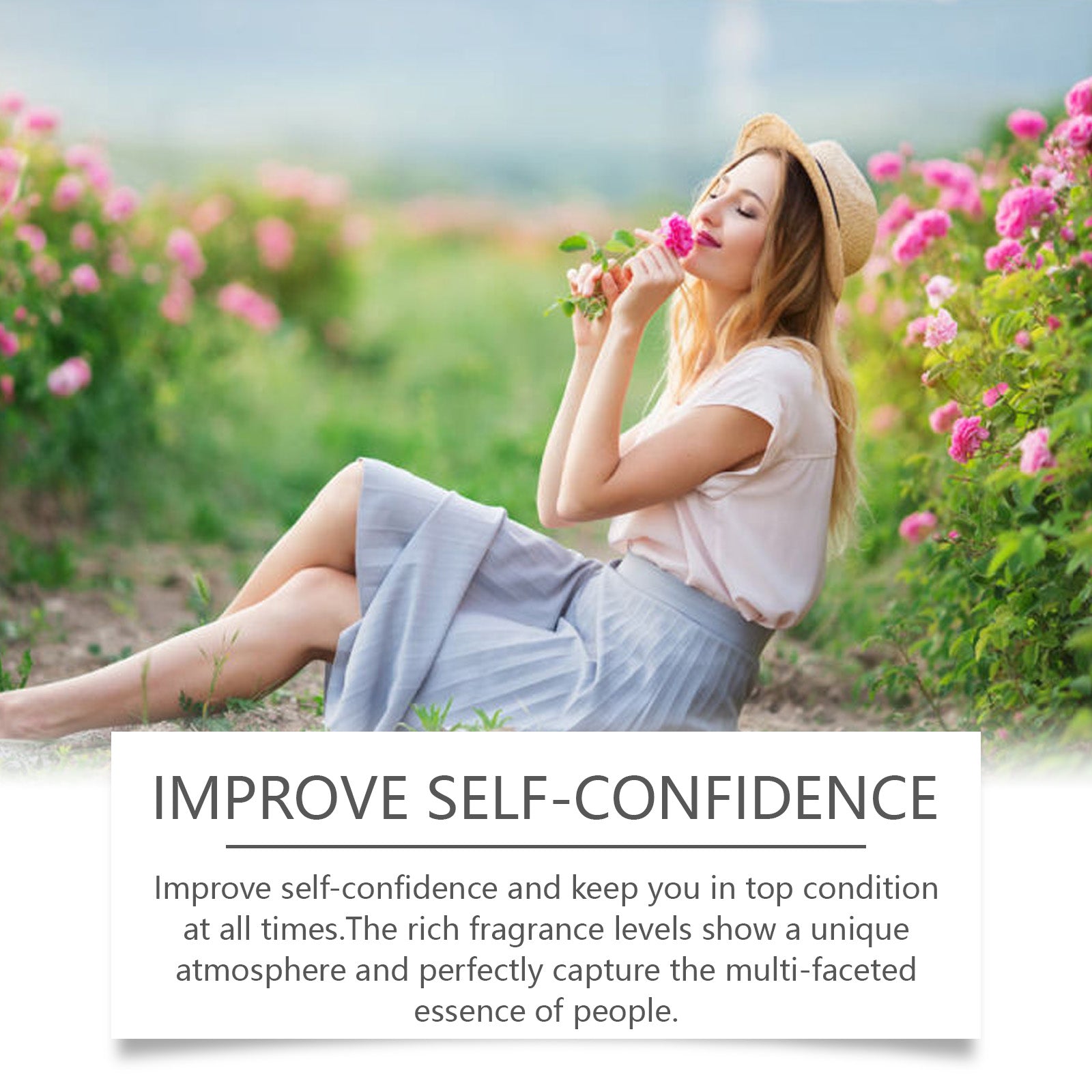 Woman in flower field smelling pink flowers with text 'Improve Self-Confidence'