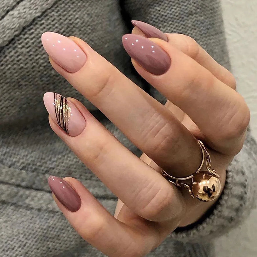 Almond Fake Nails With Gold-Line Lotus Pink Accents
