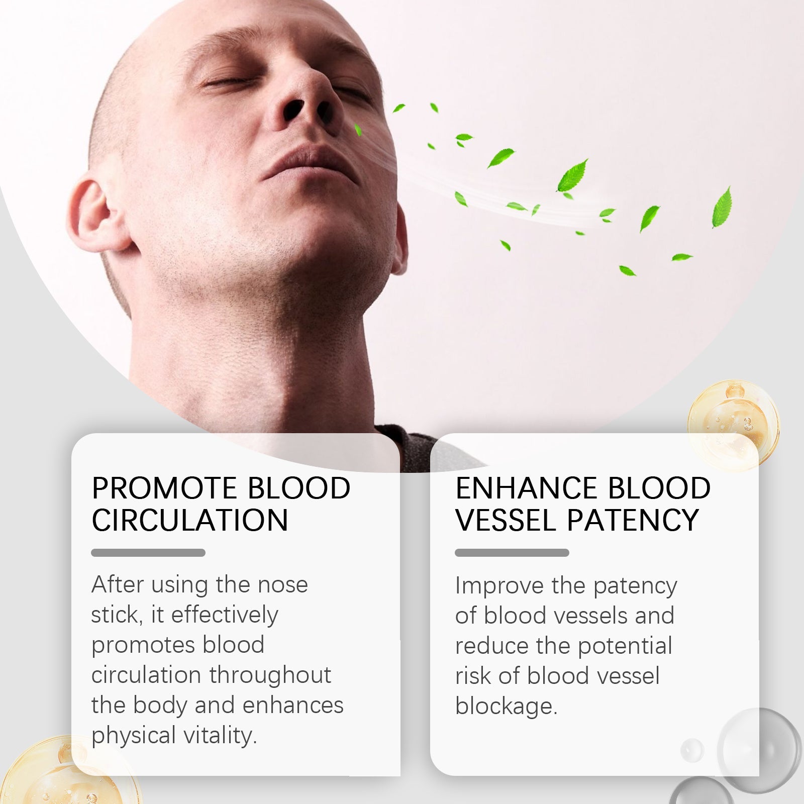 Man's face with animated green leaf particles dispersing, showing dual benefit cards for blood circulation and vessel patency