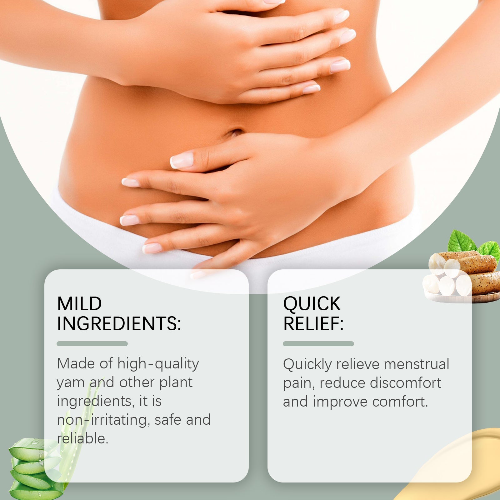 Two information cards highlighting 'MILD INGREDIENTS' with yam visual and 'QUICK RELIEF' with ingredient imagery