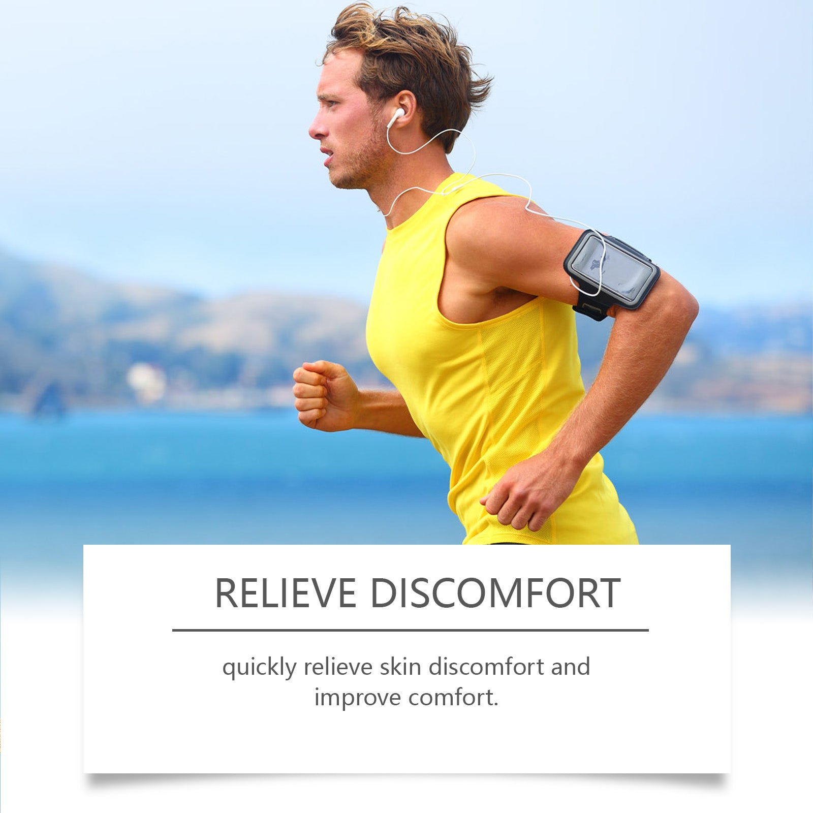 Product packaging alongside person in outdoor setting massaging leg/calf with text listing benefits: widely applicable, concentrate effective essence, deep nourishment and penetration, helps relieve back pain and joint pain