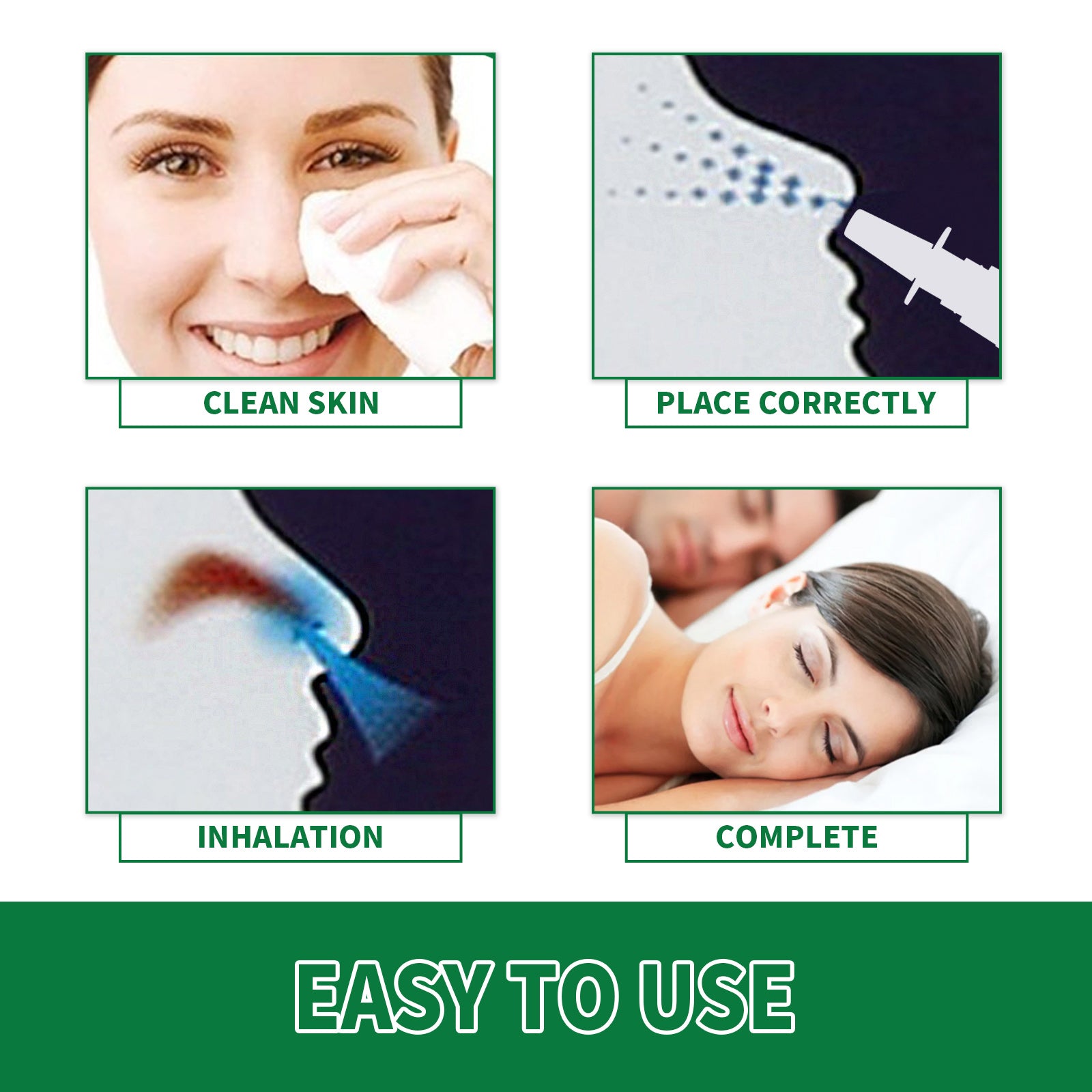 Four-step usage guide showing clean skin, correct nose placement, inhalation spray, and complete treatment with relaxation