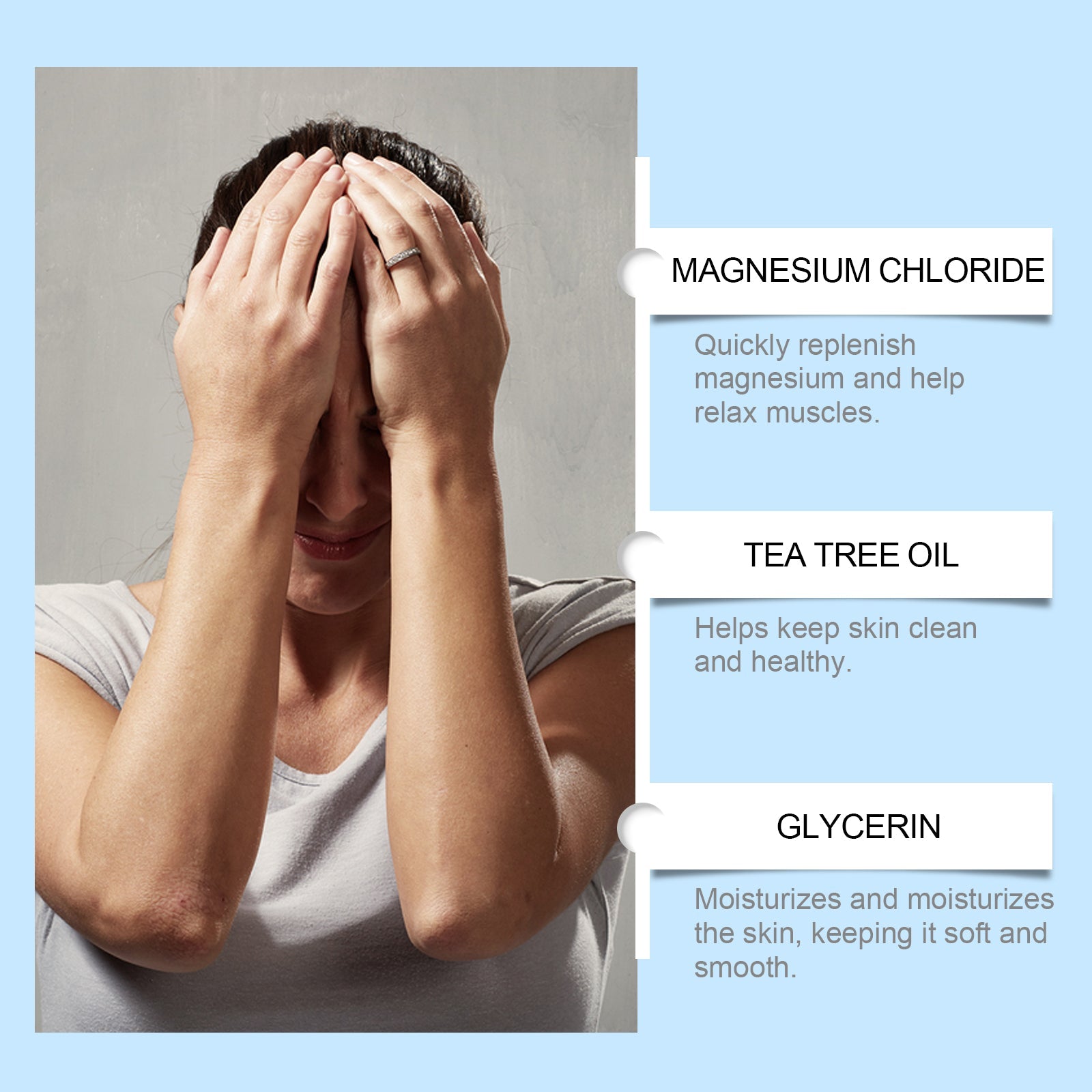 Man holding head in hands with labeled ingredient callouts: Magnesium Chloride, Tea Tree Oil, Glycerin