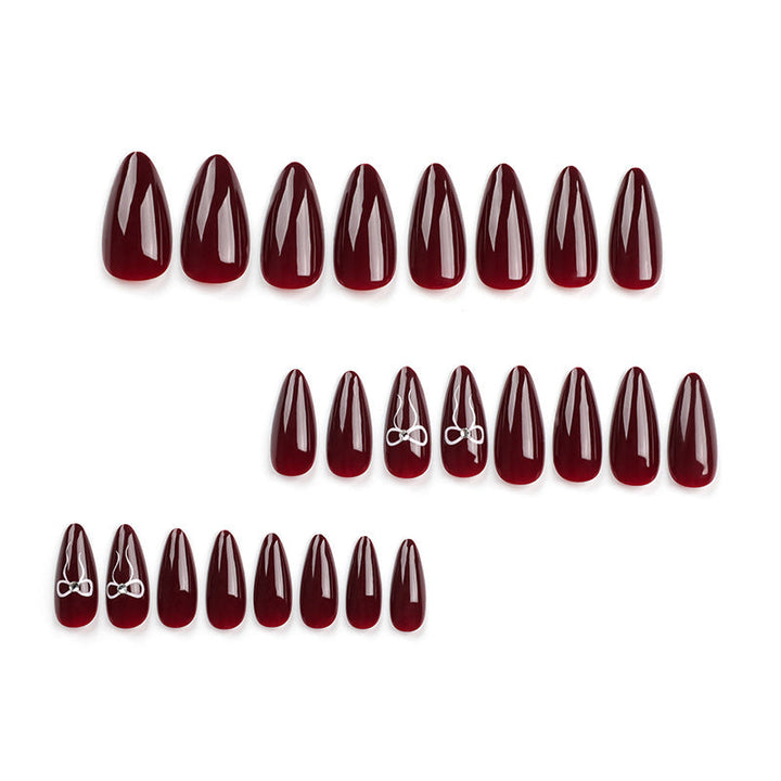 Long Almond Press-On Nails – Deep Red & Silver Bow Detail