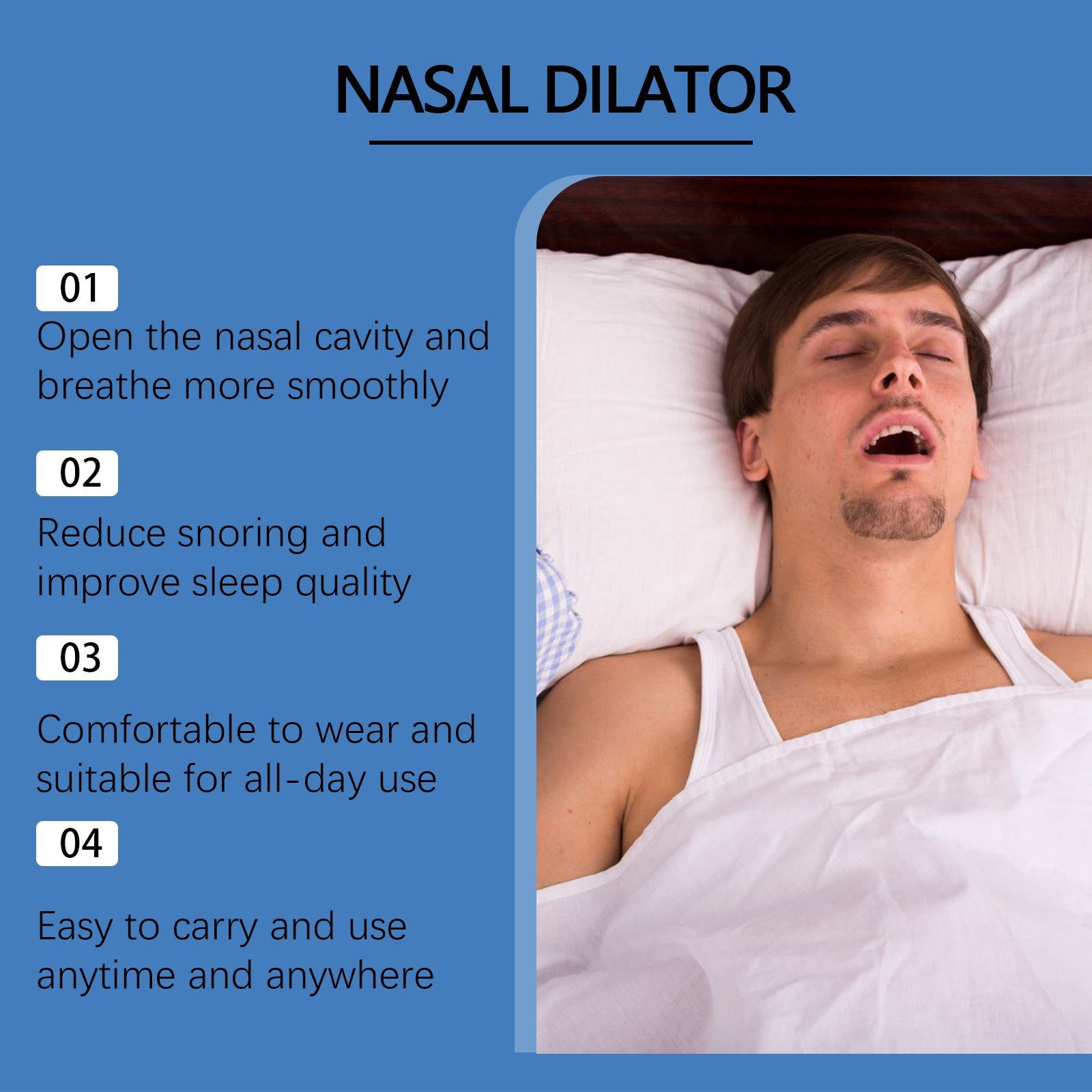 Product benefits infographic featuring man sleeping peacefully with nasal clips and patch components visible