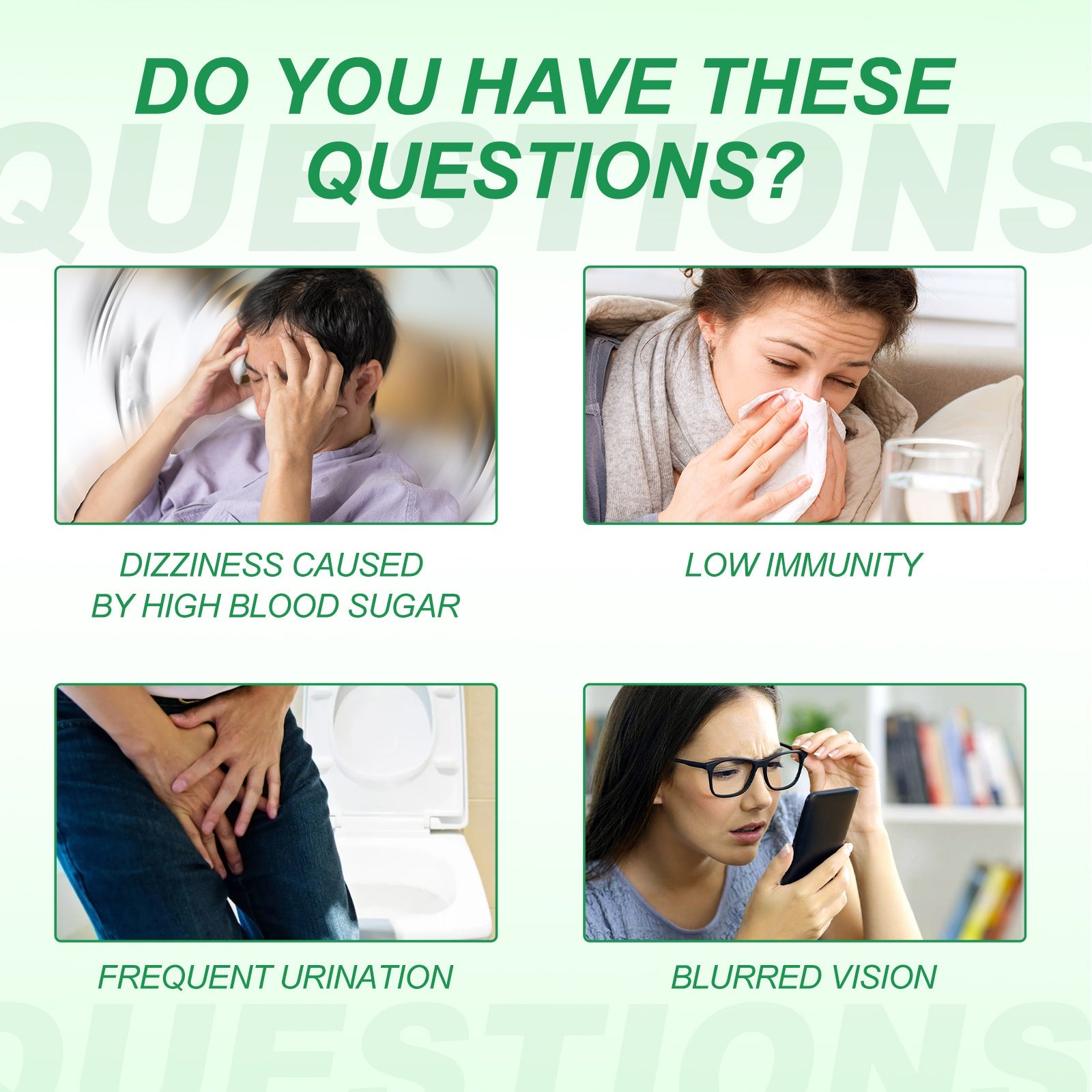 Infographic with green header showing four health concerns and matching imagery