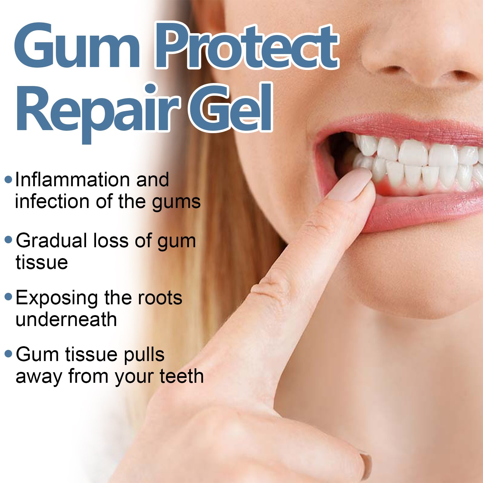 Woman pointing to gums with labeled pain points: inflammation/infection, gradual tissue loss, exposed roots, tissue pulling away