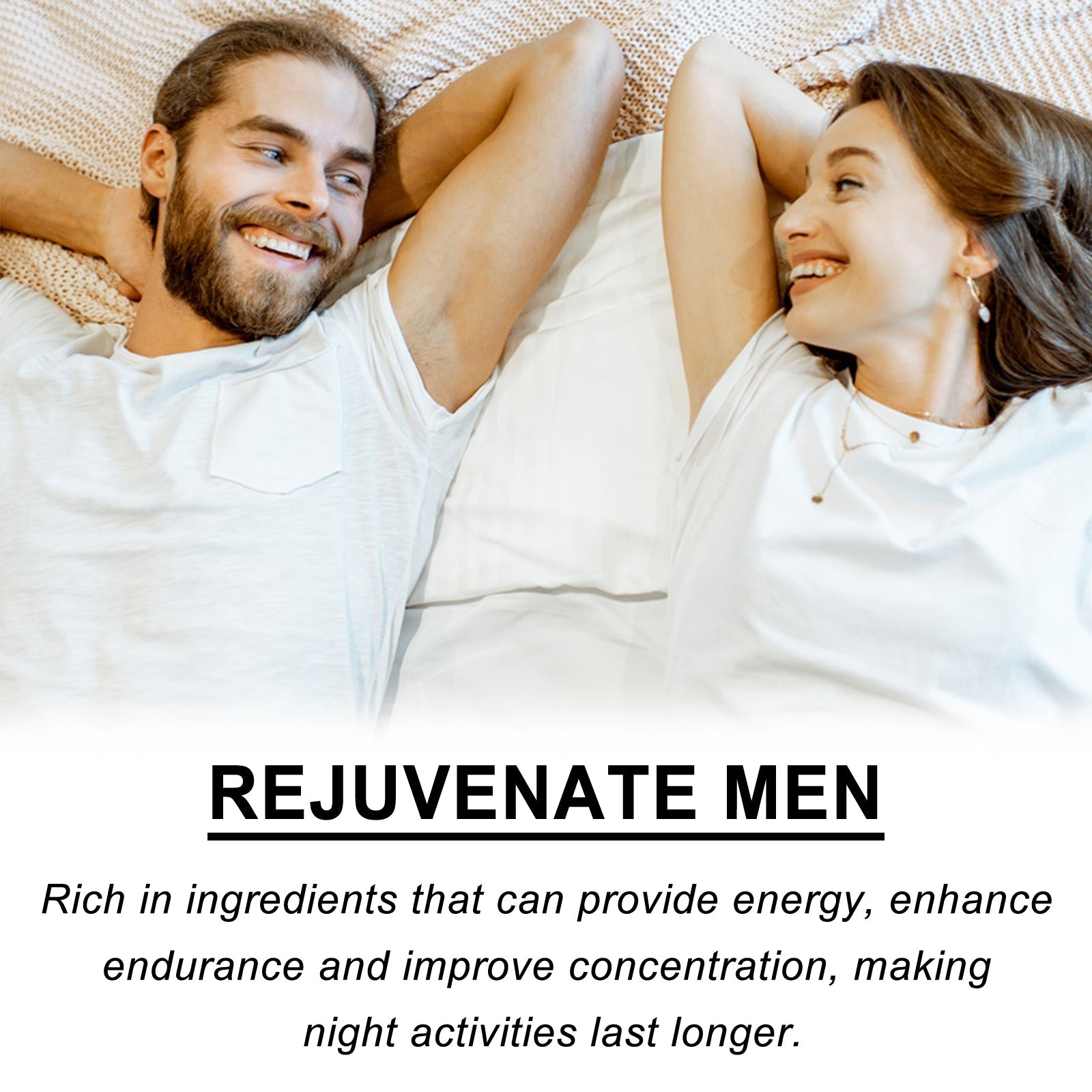 Close-up of couple with text overlay describing plant-based formula benefits for male enhancement