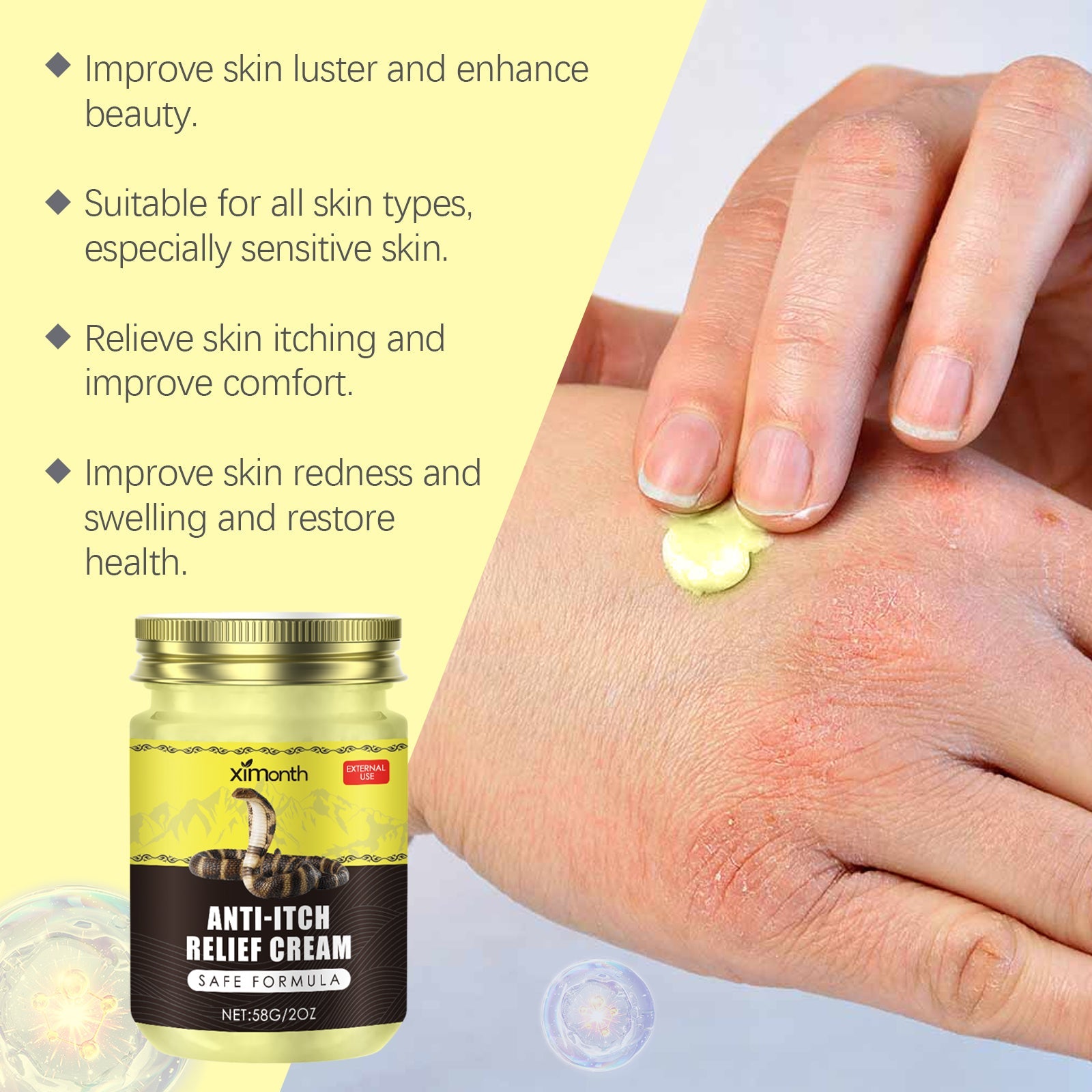 Product jar with application demonstration on reddened skin area; yellow info panel with bullet points and hand application visual