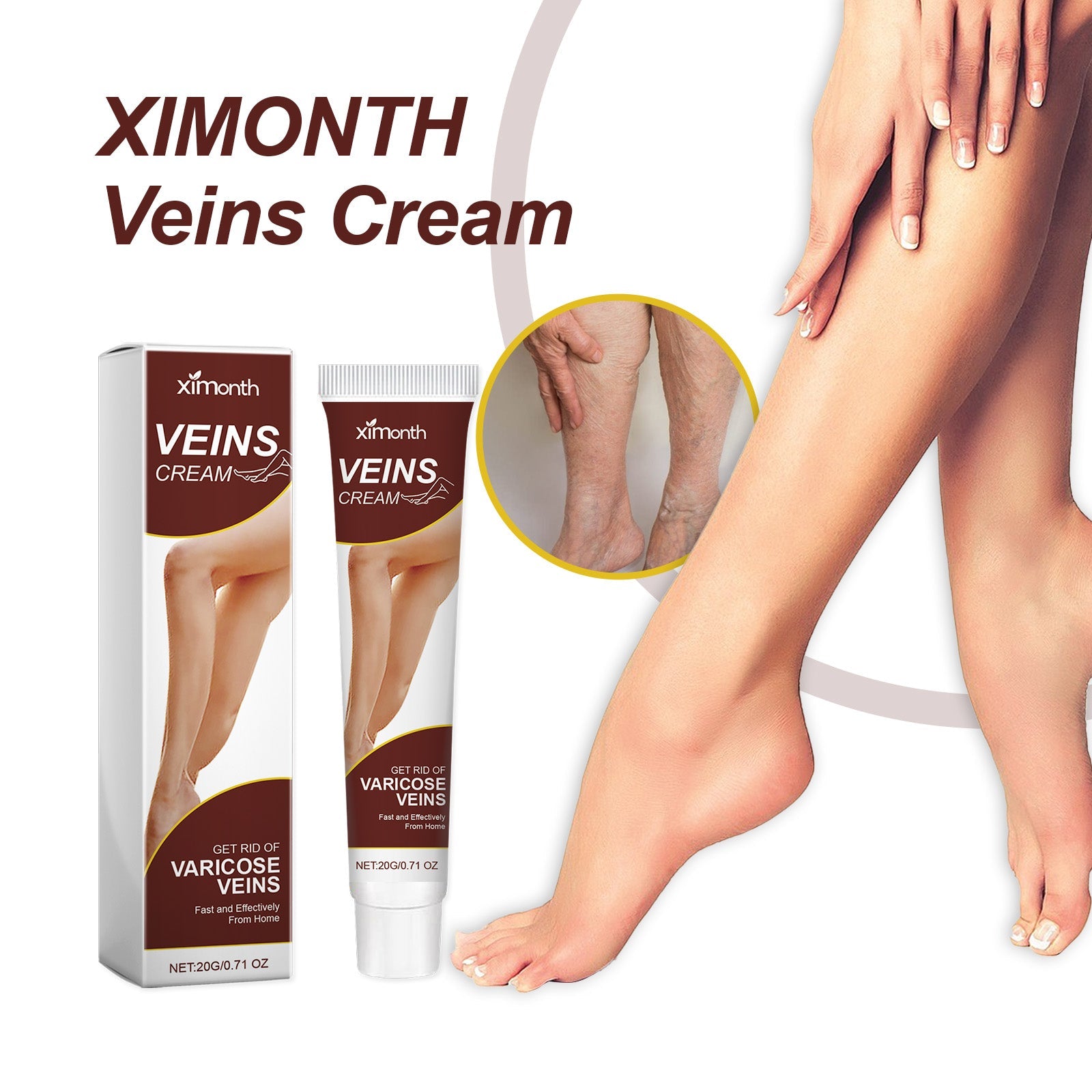 XIMONTH branding with product and lifestyle leg image featuring circled close-up comparison