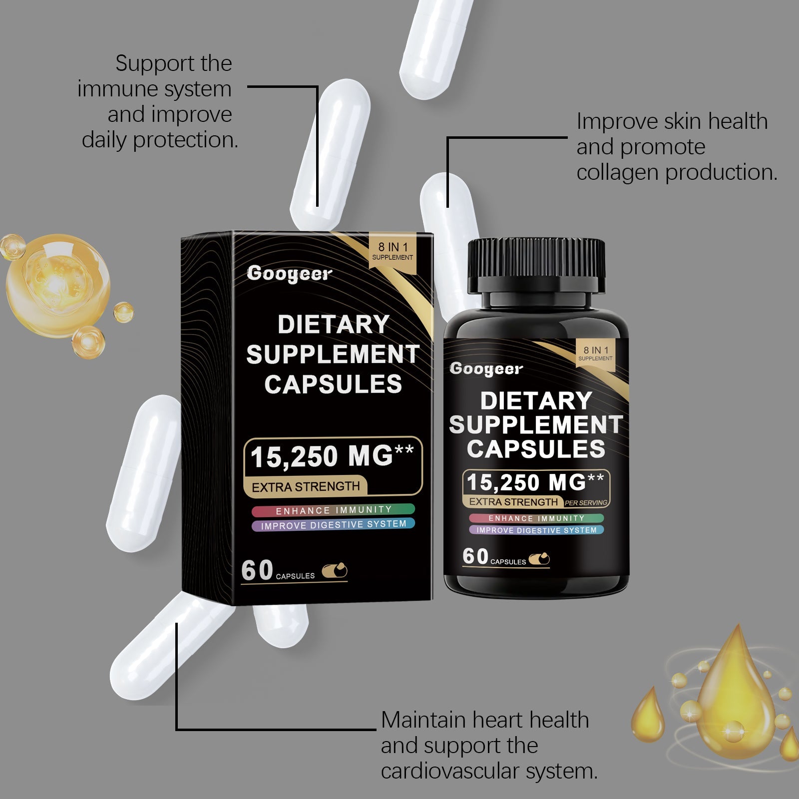 Woman taking capsule with bullet-point benefits listing stress resistance, antioxidants, bone health, and vision support