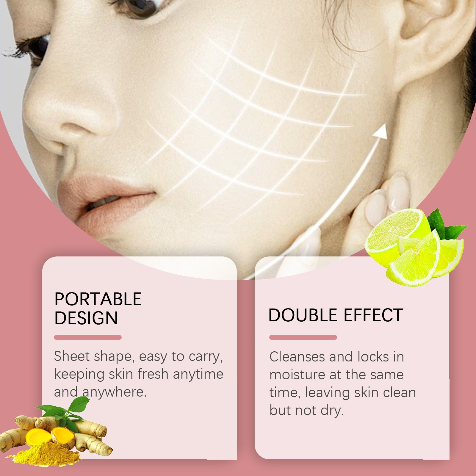 Close-up of woman's jawline and cheek showing skin texture with grid overlay indicating skin firmness; lime slices and turmeric root visible