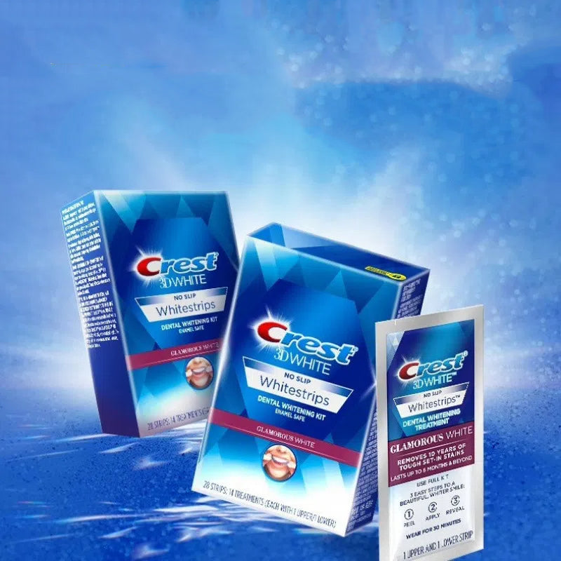 All 14 pairs of whitening strips displayed in open sachets showing quantity and packaging variety