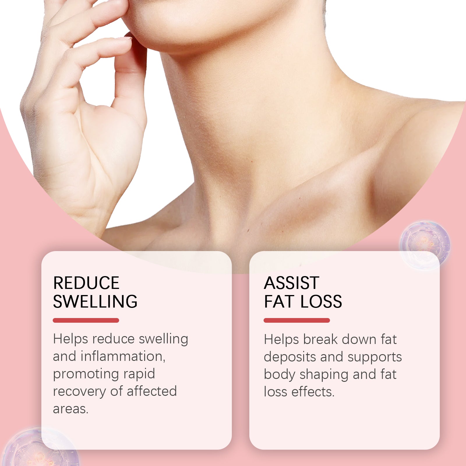 Woman in profile with text 'QUICK PAIN RELIEF' describing muscle and joint pain relief benefits