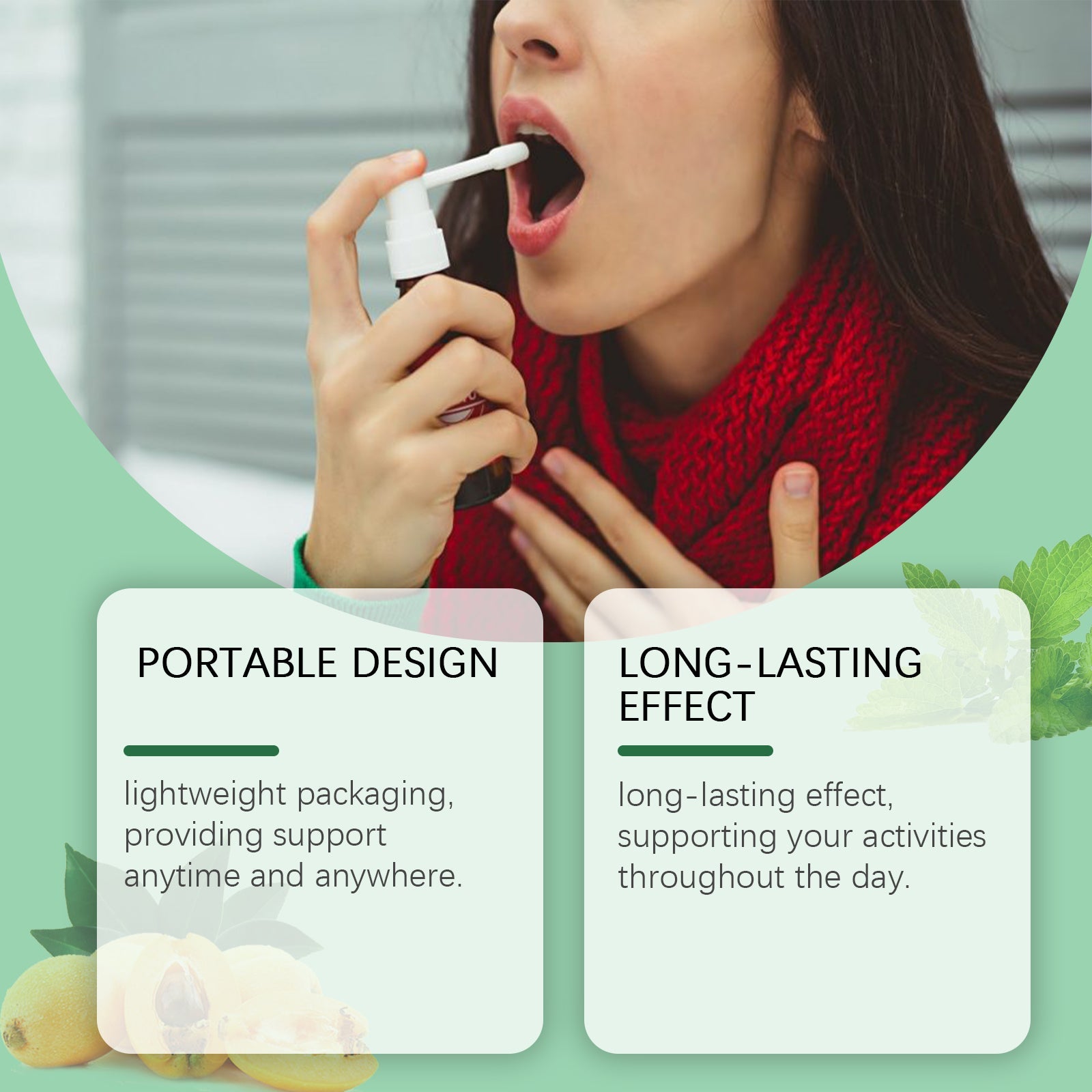 Woman in red sweater using spray bottle orally outdoors with feature callouts for portable design and long-lasting effect