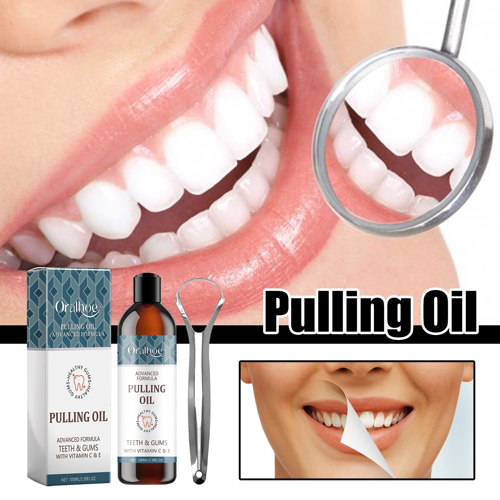 Close-up of bright white smile with mirror reflection showing dental tool examination, healthy pink gums and white teeth, product kit shown