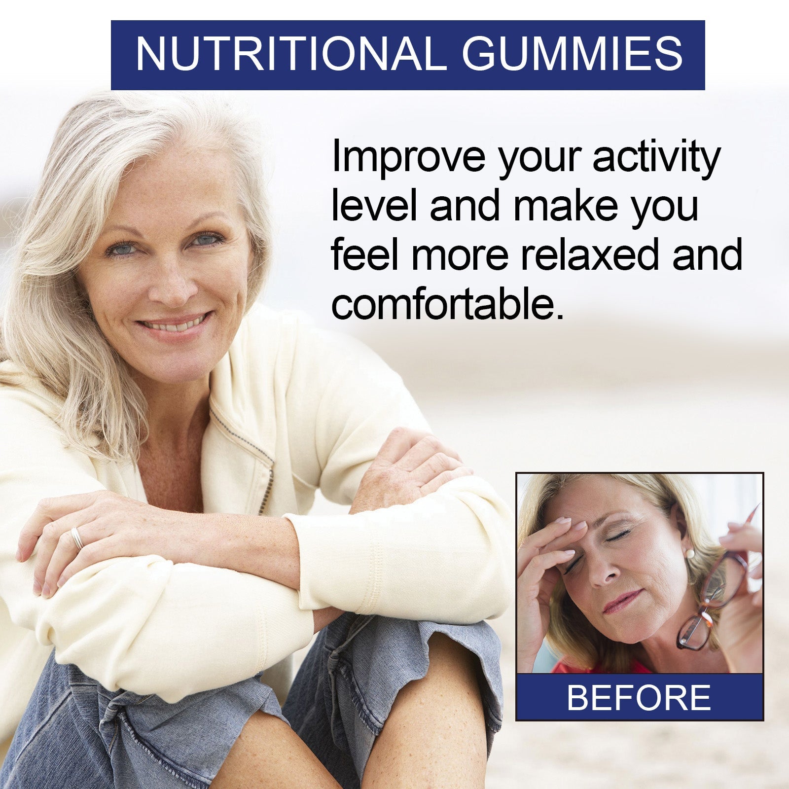 Indigestion complaint messaging with elderly man in discomfort transitioning to happy healthy elderly couple