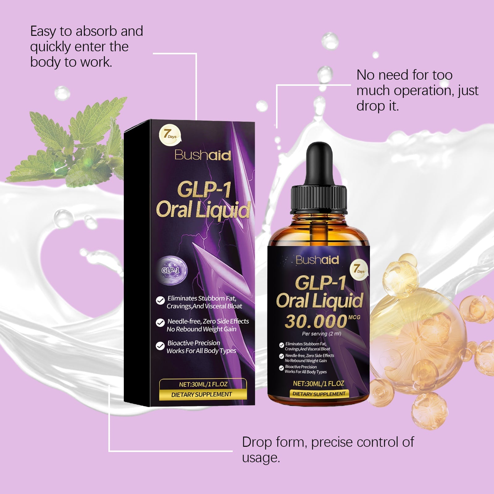 Product with packaging surrounded by mint leaves, water droplets, and amber liquid bubbles on pink background with usage claims