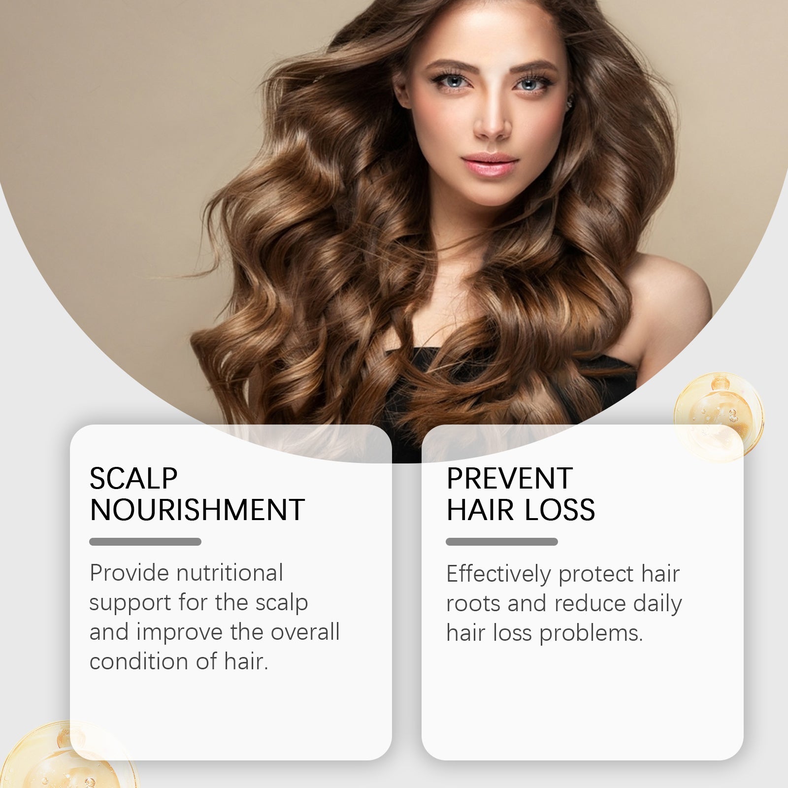 Woman displaying full, wavy hair with two benefit cards showing 'SCALP NOURISHMENT' and 'PREVENT HAIR LOSS' with gold ingredient icons