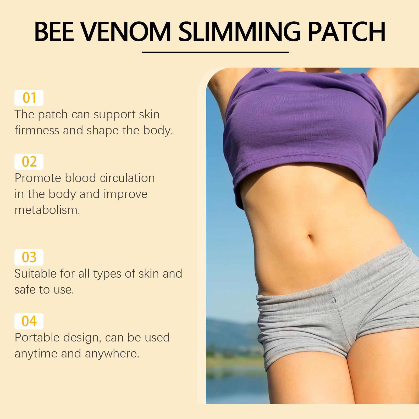 Two benefit cards highlighting 'Firming and Shaping' and 'Activate Skin' with body measurement and natural ingredient imagery
