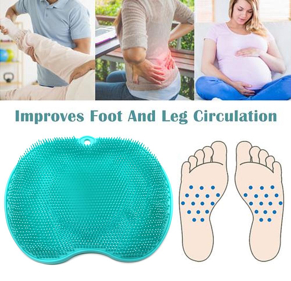 Flat lay showing massager mat from above and side profile with dense silicone bristle detail and suction cup