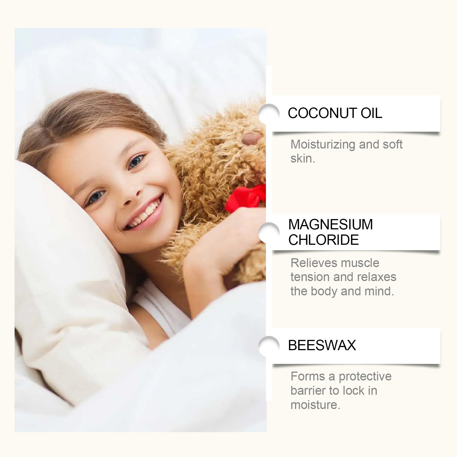 Happy child hugging brown teddy bear with three key ingredients labeled: Coconut Oil (moisturizing and soft skin), Magnesium Chloride (relieves muscle tension and relaxes body/mind), Beeswax (forms protective barrier to lock in moisture)