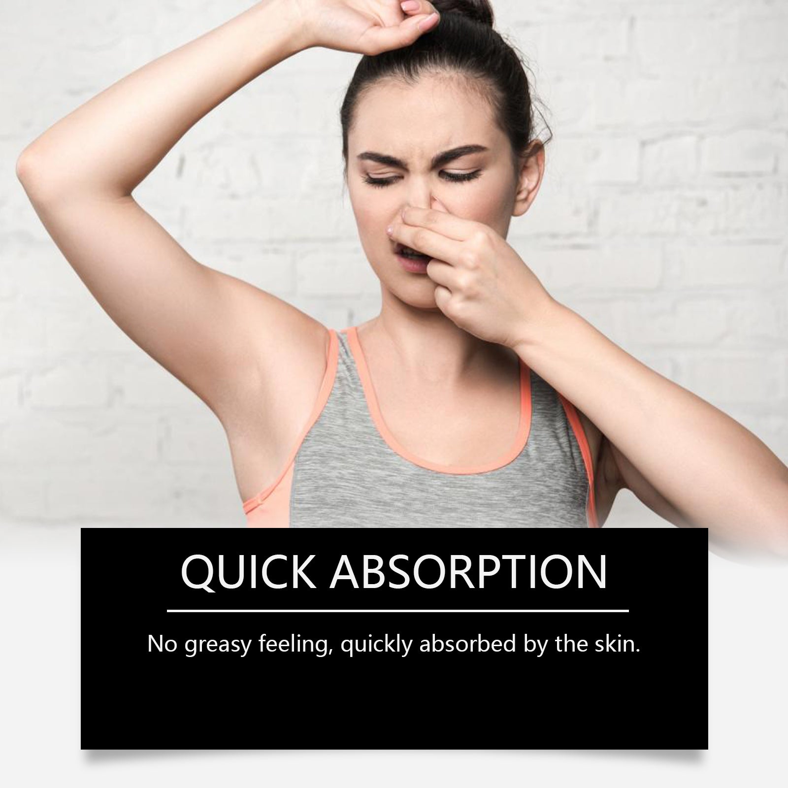 Woman in distress with body odor concern, with black banner stating 'Quick Absorption - No greasy feeling, quickly absorbed by the skin'