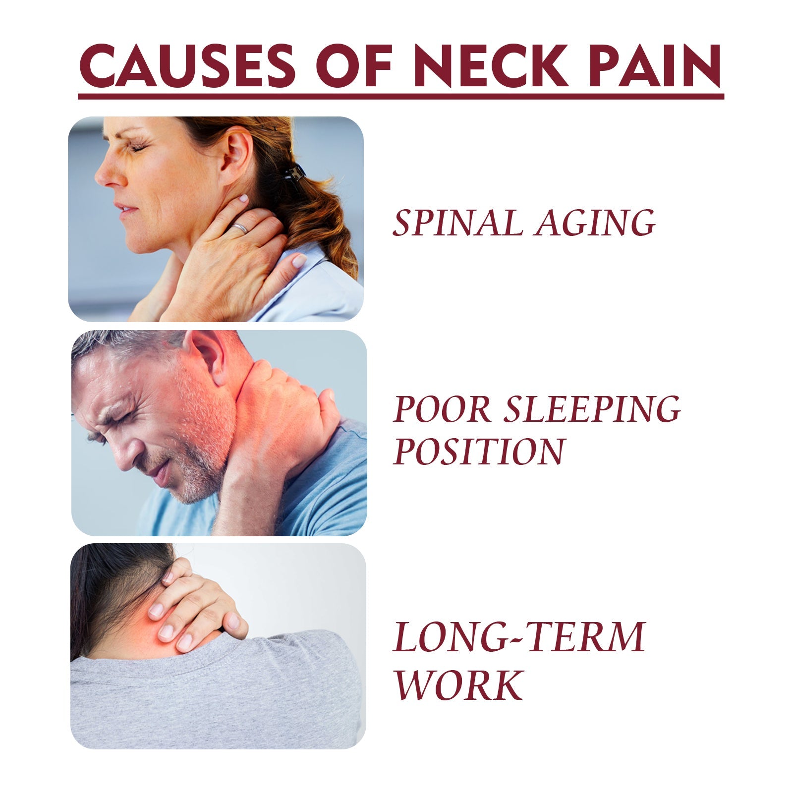 Educational infographic showing three causes of neck pain: spinal aging (woman), poor sleeping position (man), and long-term work strain (person at desk)
