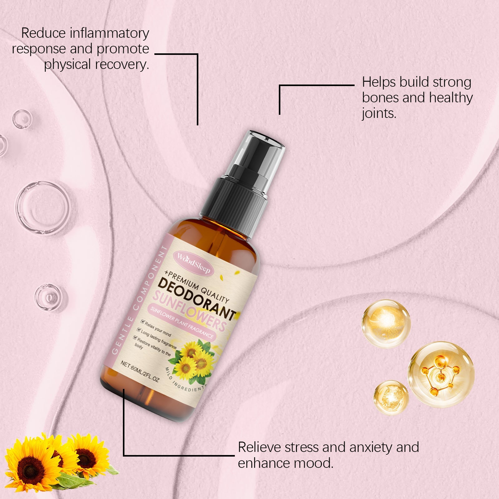 Product bottle centered on pink background with labeled ingredient callouts showing magnesium chloride, sunflower oil, and glycerin with benefit descriptions