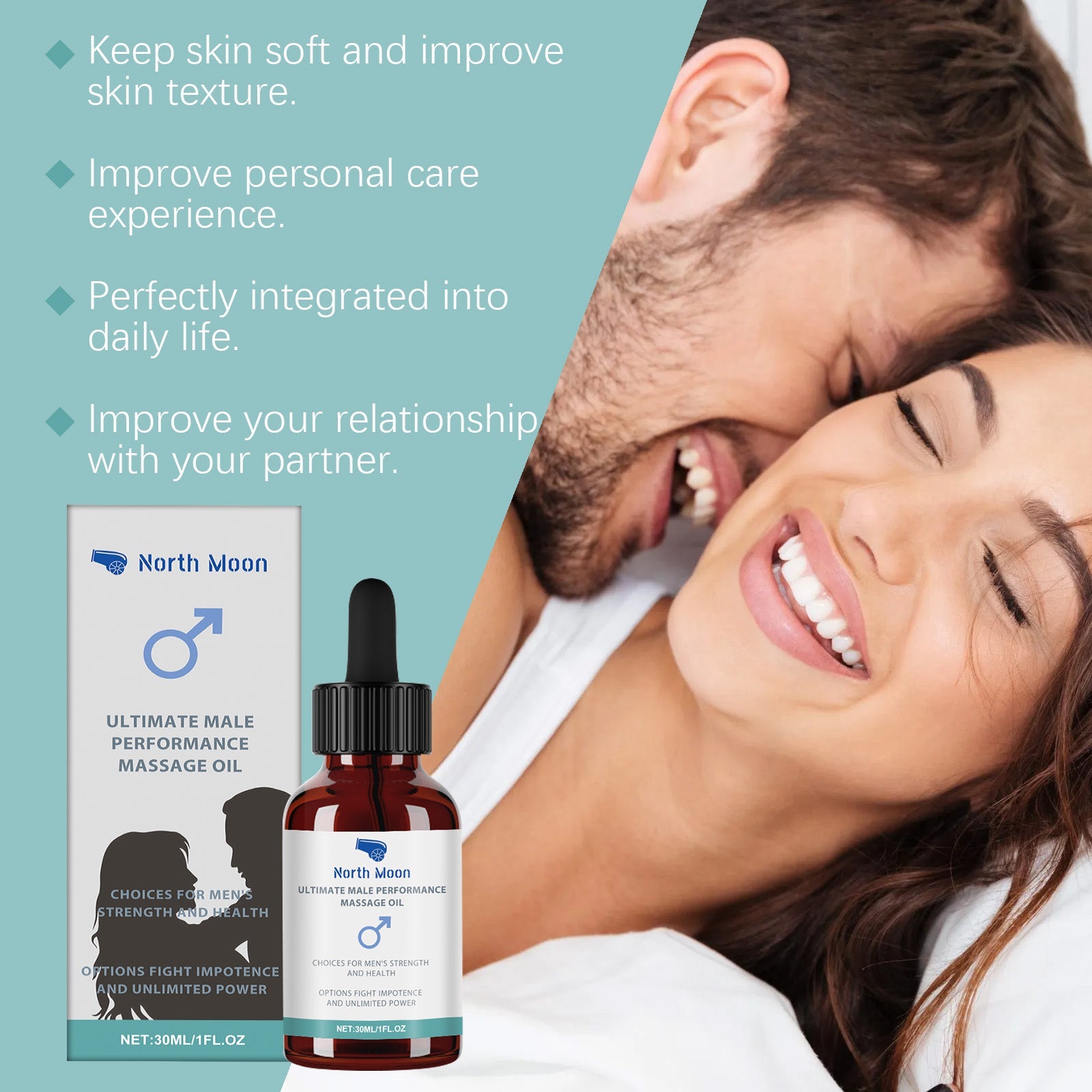 Product benefits listed with couple in close embrace against teal geometric background