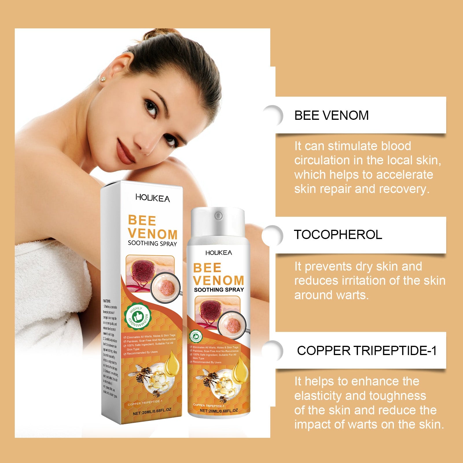 Woman with spa towel next to product showing three active ingredients with detailed benefit explanations: bee venom, tocopherol, copper tripeptide-1