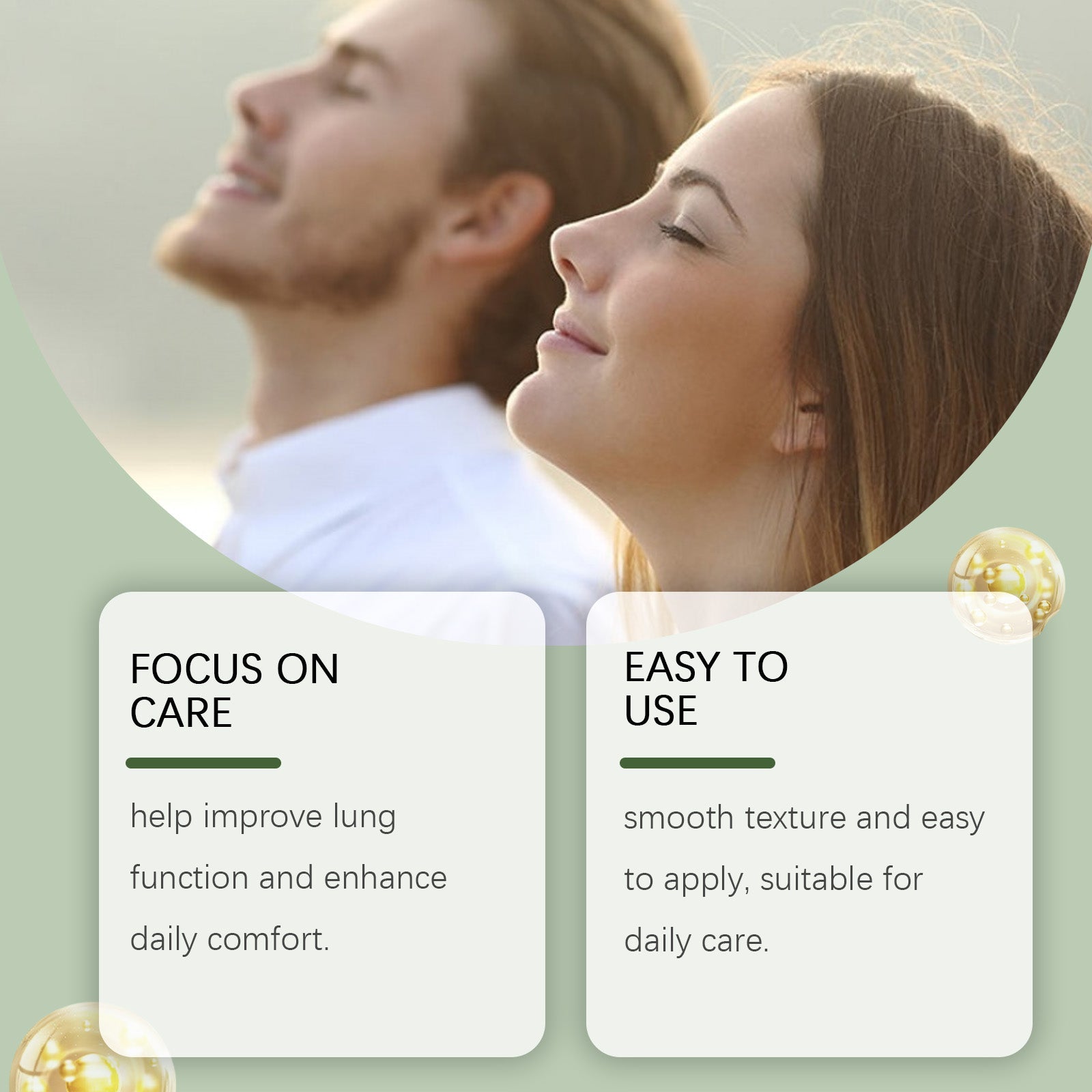 Four-point product benefit breakdown with gentle formula, lung health focus, light refreshing texture, and easy absorption messaging