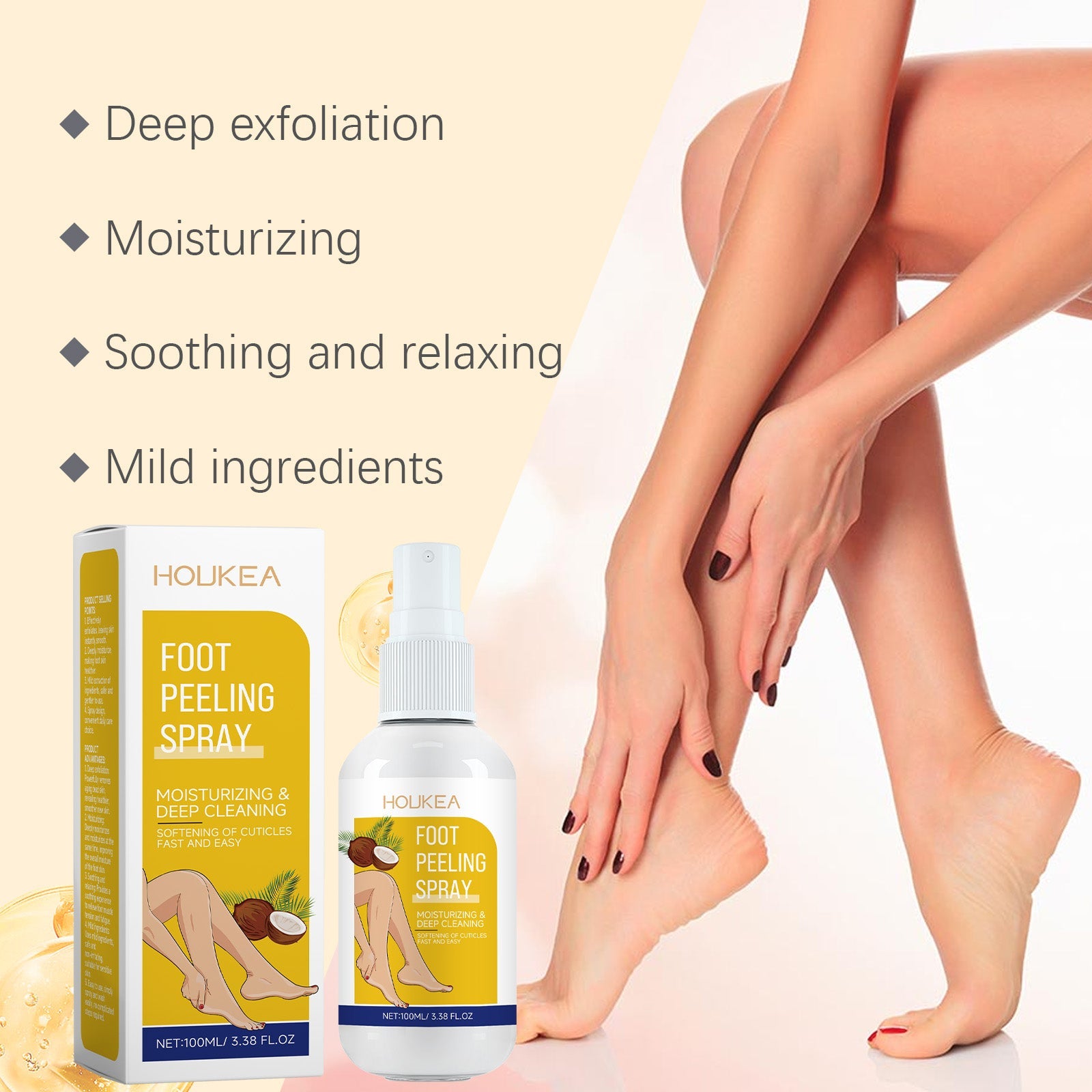 Feet soaking in water bath with rose petals, showing deep exfoliation and soothing benefits with text overlay