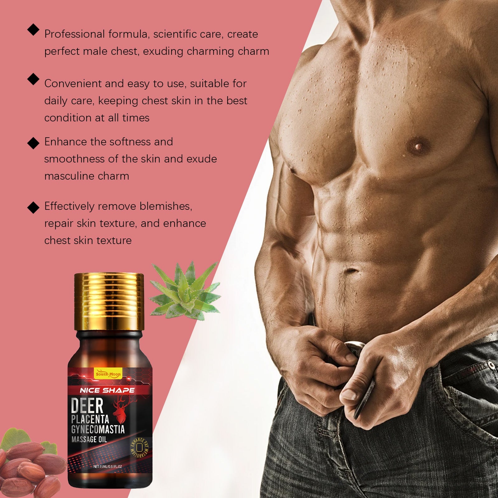 Split-layout image with coral/pink background showing product bottle with botanical ingredient graphic, text benefits, and shirtless male torso