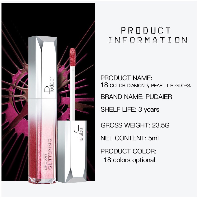 Grid of 6 metallic liquid lip gloss swatches showing color range: purple, blue, gold, teal, beige, and pink with metallic finish