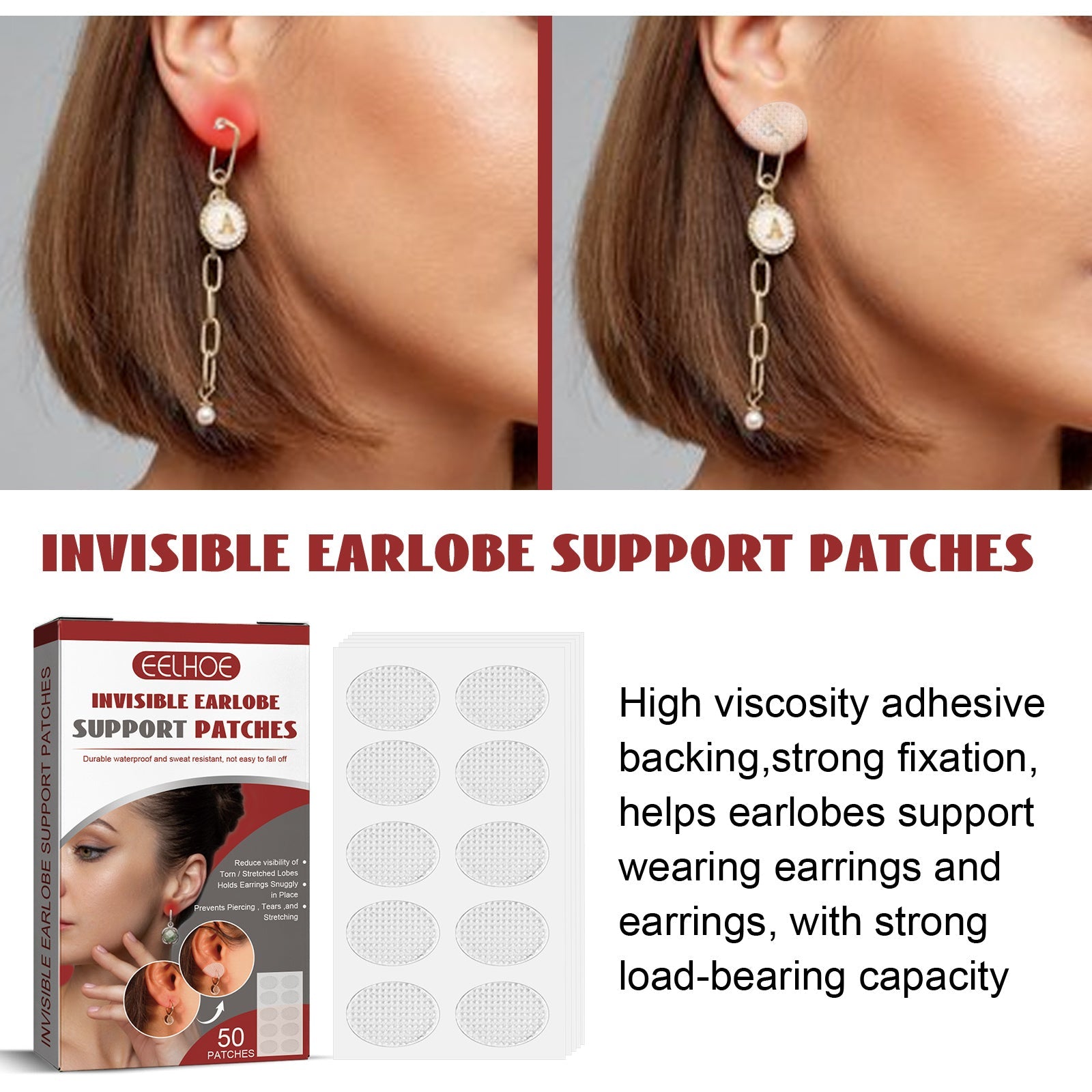 Product box, patch sheet, and product description highlighting high viscosity adhesive and load-bearing capacity benefits