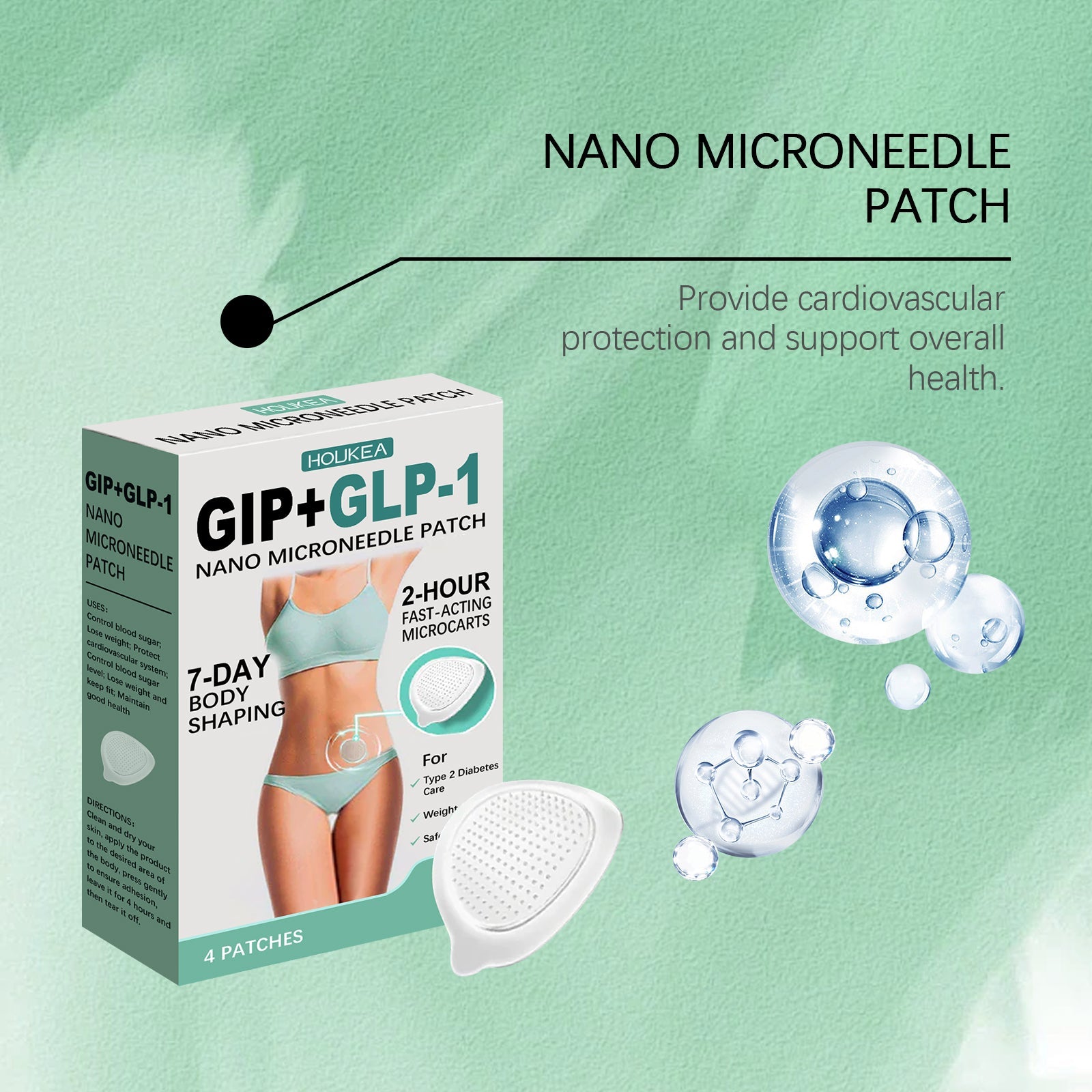 Packaging box with molecular bubble visualization and cellular technology representation on sage background