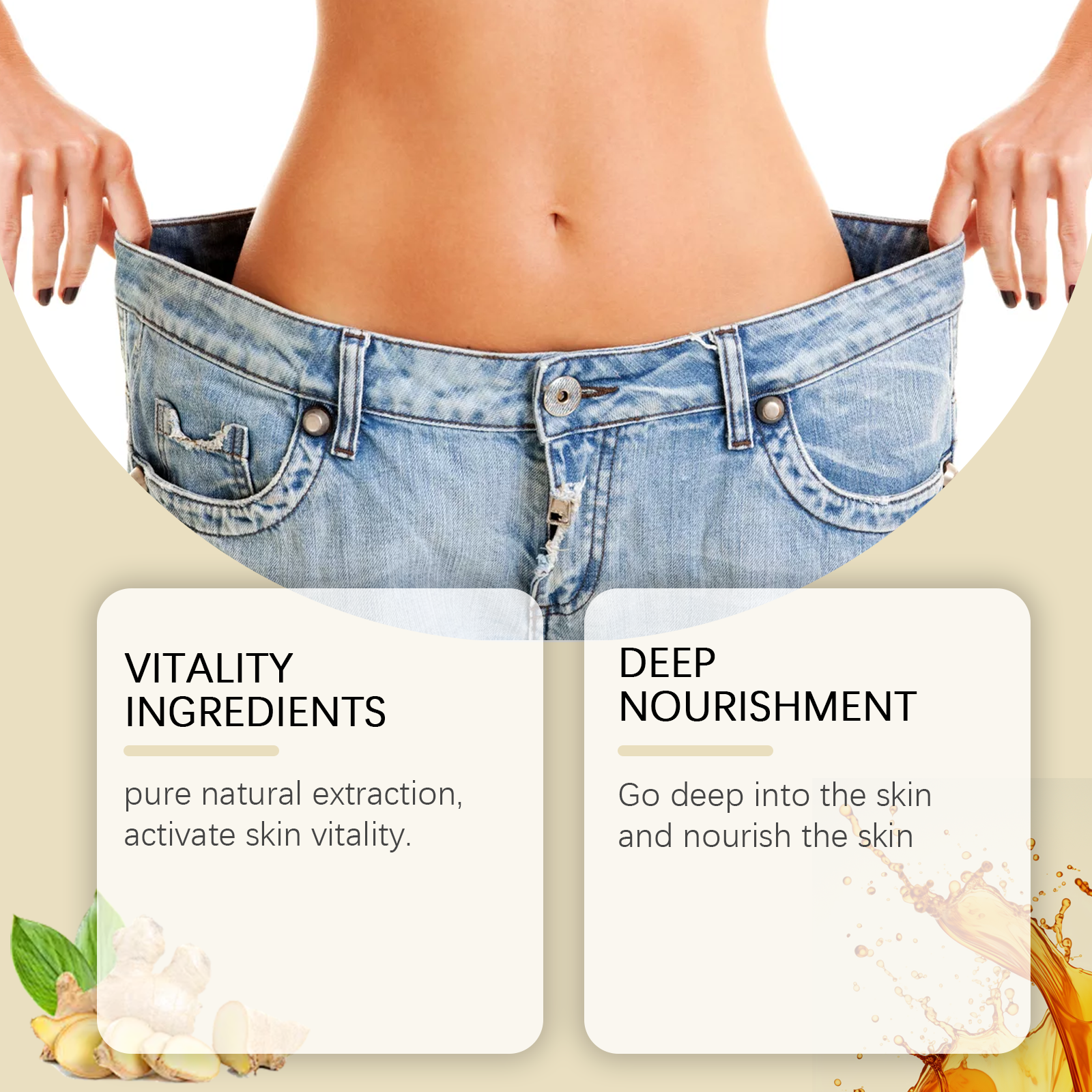 Close-up of toned abdominal area with 'Quick Absorption' claim and efficacy text