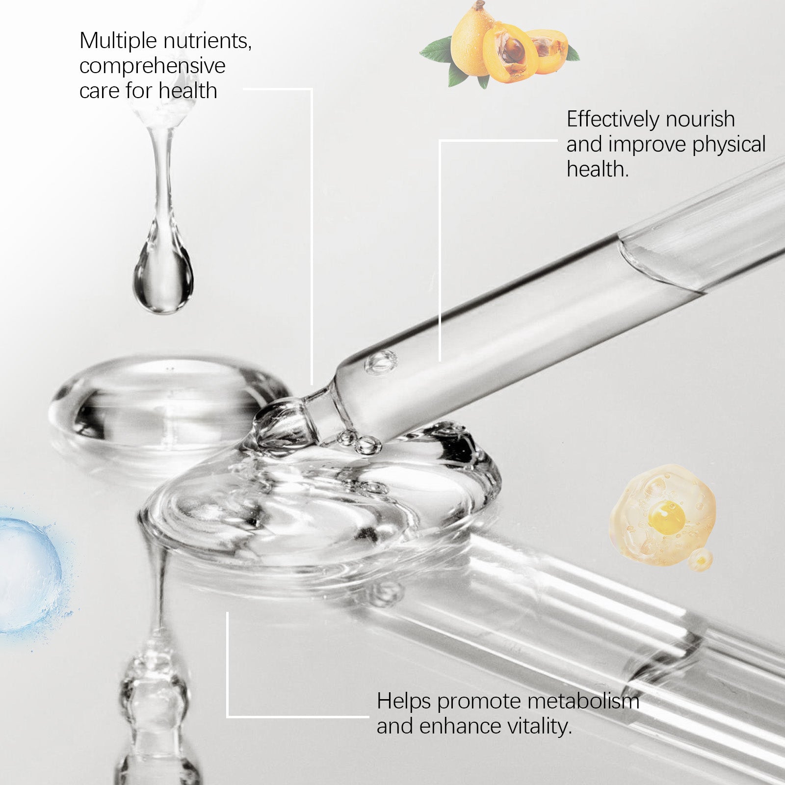 Scientific product benefits imagery showing dropper pipette with liquid drop, mint leaf illustration, and key benefit claims with technical styling