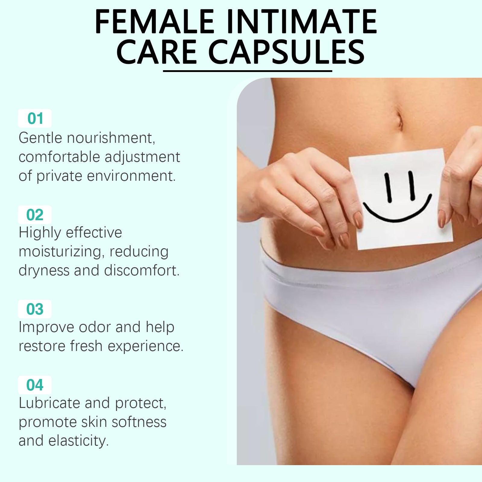 Four key benefits listed with woman holding smiley-face card over intimate area: gentle nourishment, effective moisturizing, odor improvement, lubrication and protection
