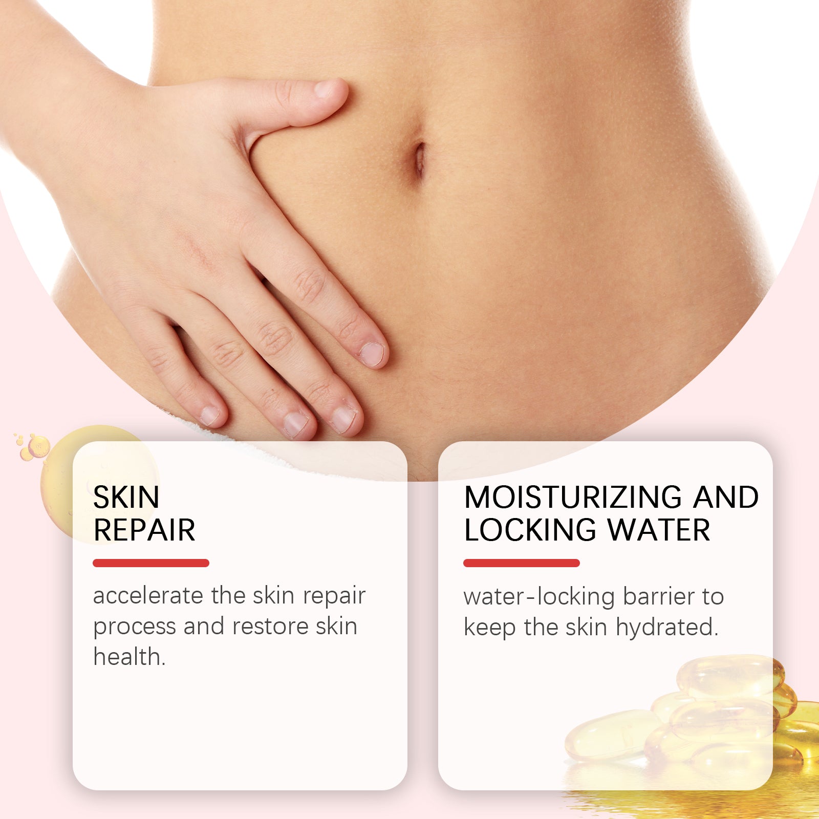 Close-up magnified view of skin texture improvement with text overlay