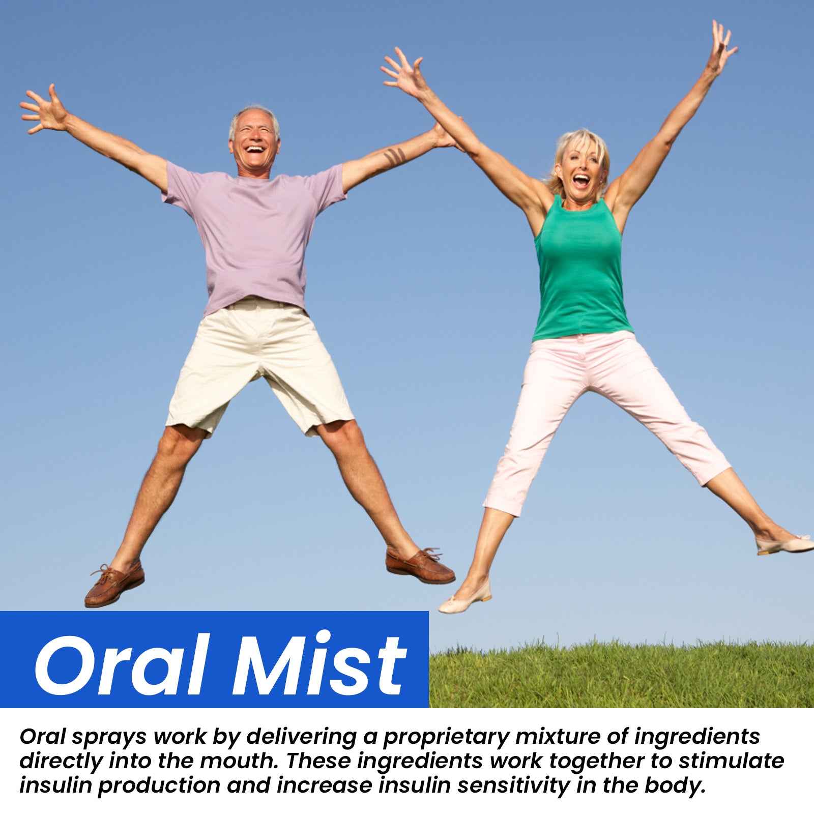 Mature man and woman jumping with arms raised against blue sky in celebratory pose