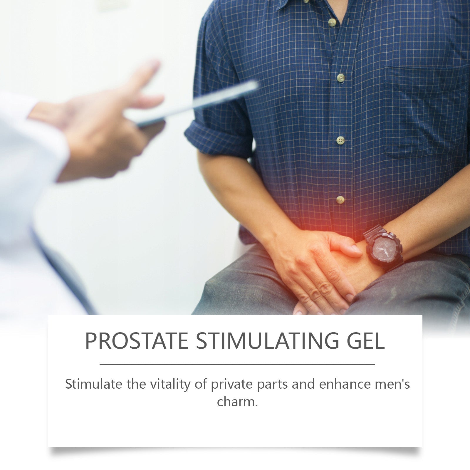 Cropped male figure in casual clothing showing hand near treatment area with benefit cards overlay